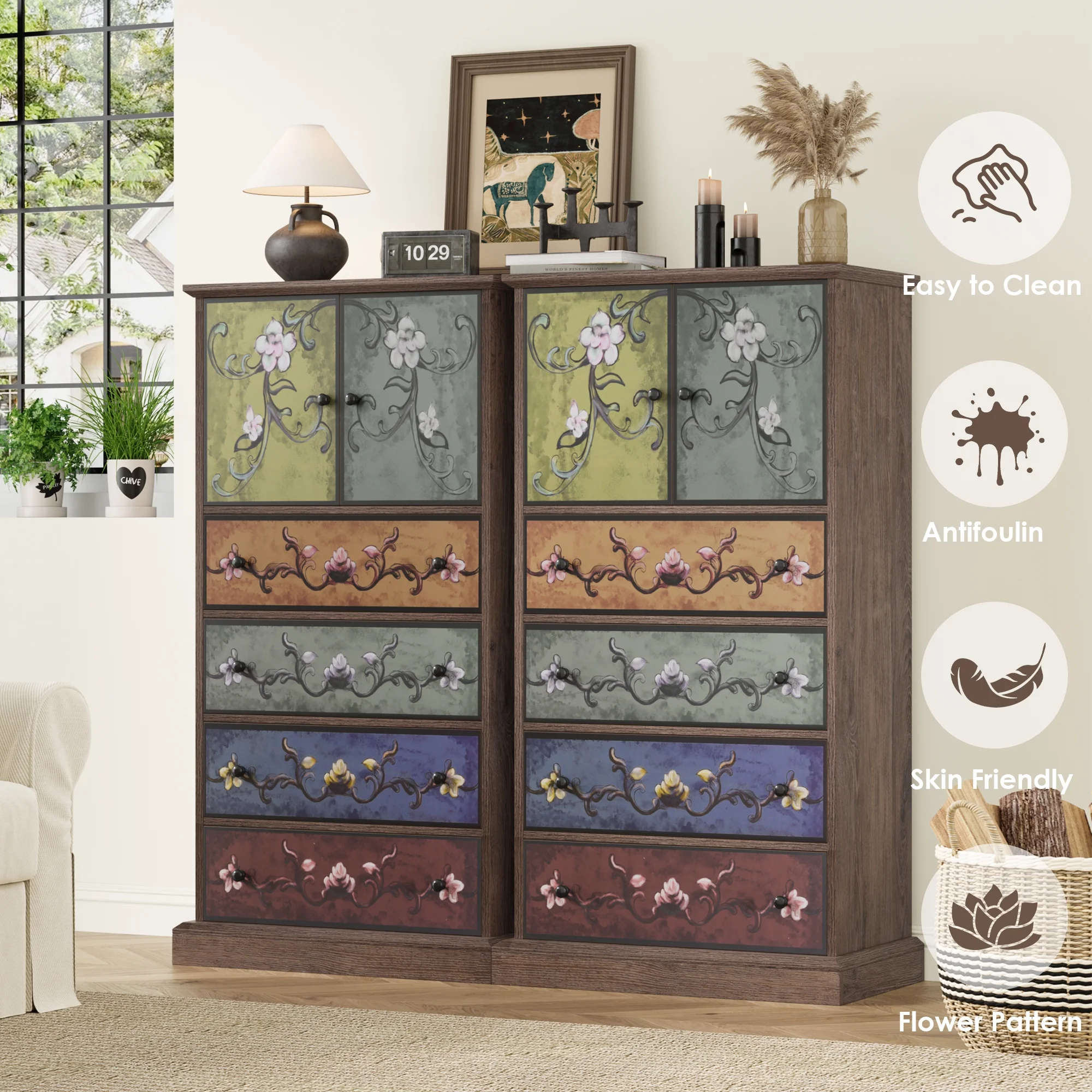 Homfa 50- Tall Dresser with 4 Drawers, Boho Vintage Dresser with 2 Doors, Wood Drawers Chest for Bedroom Living Room Entryway - Image 2