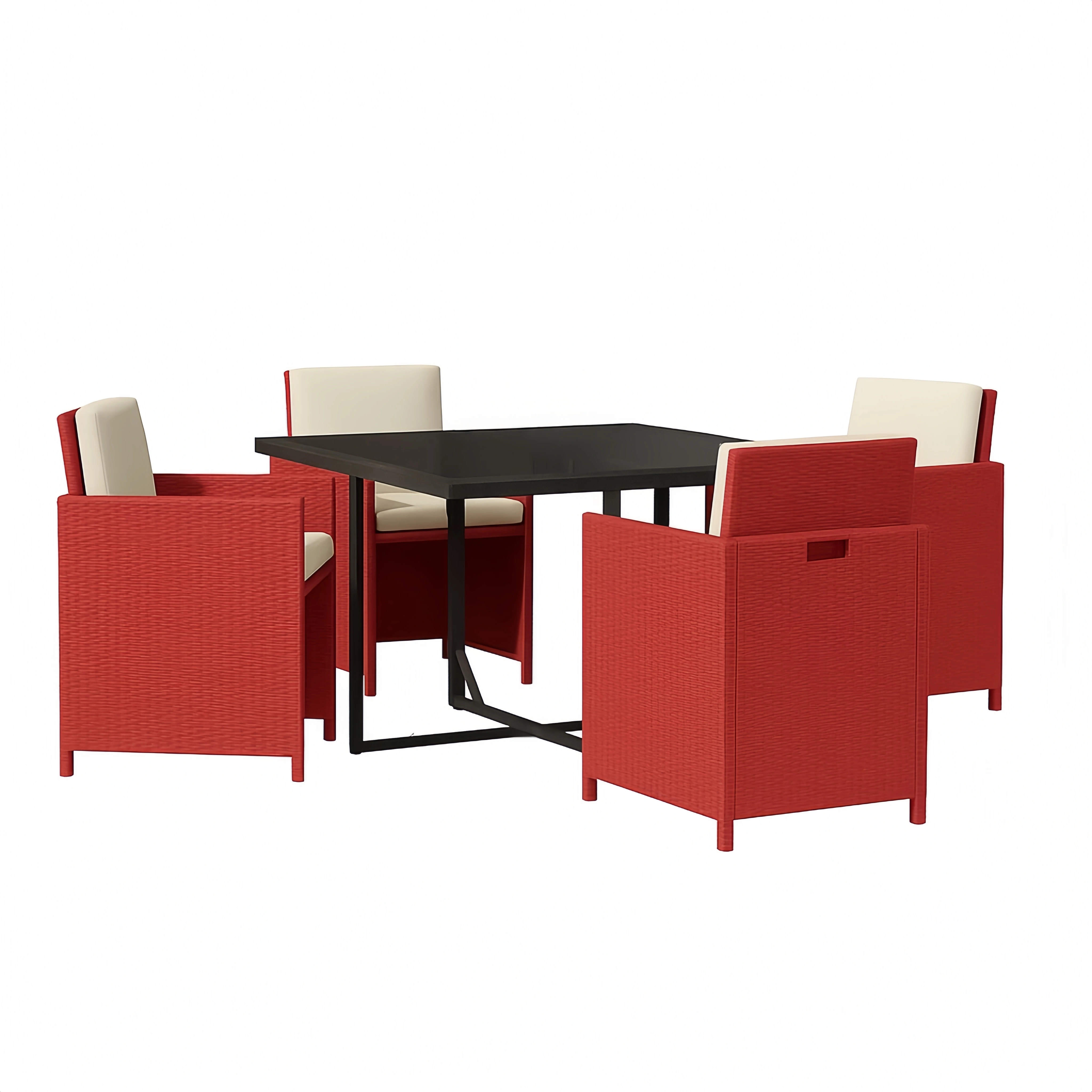 Conjunto de comedor de jardín: 1 mesa con tablero negro y 4 sillones con cojines,Rojo y crema - YdRKYfo227tW