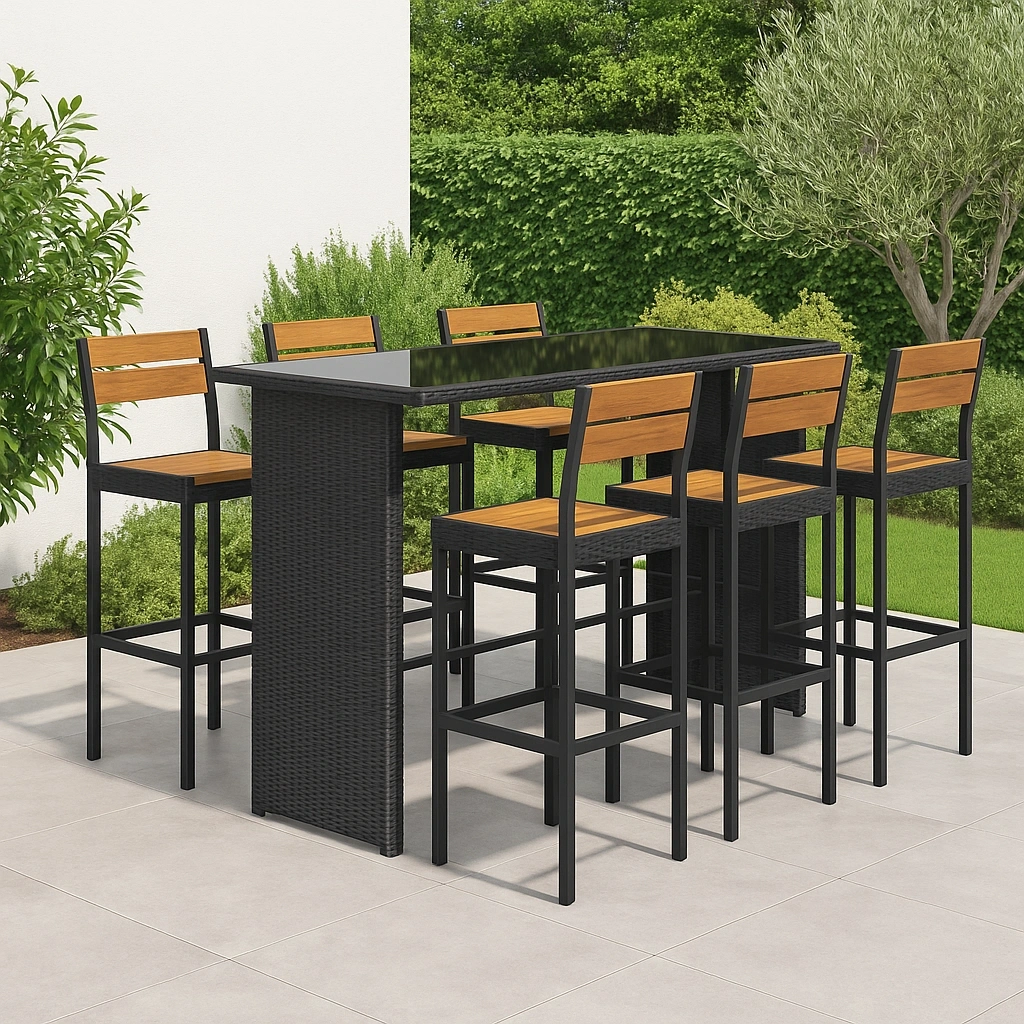 Conjunto de mesa y sillas de jardín para exterior de ratán sintético y negro - SpZyOcw424oU