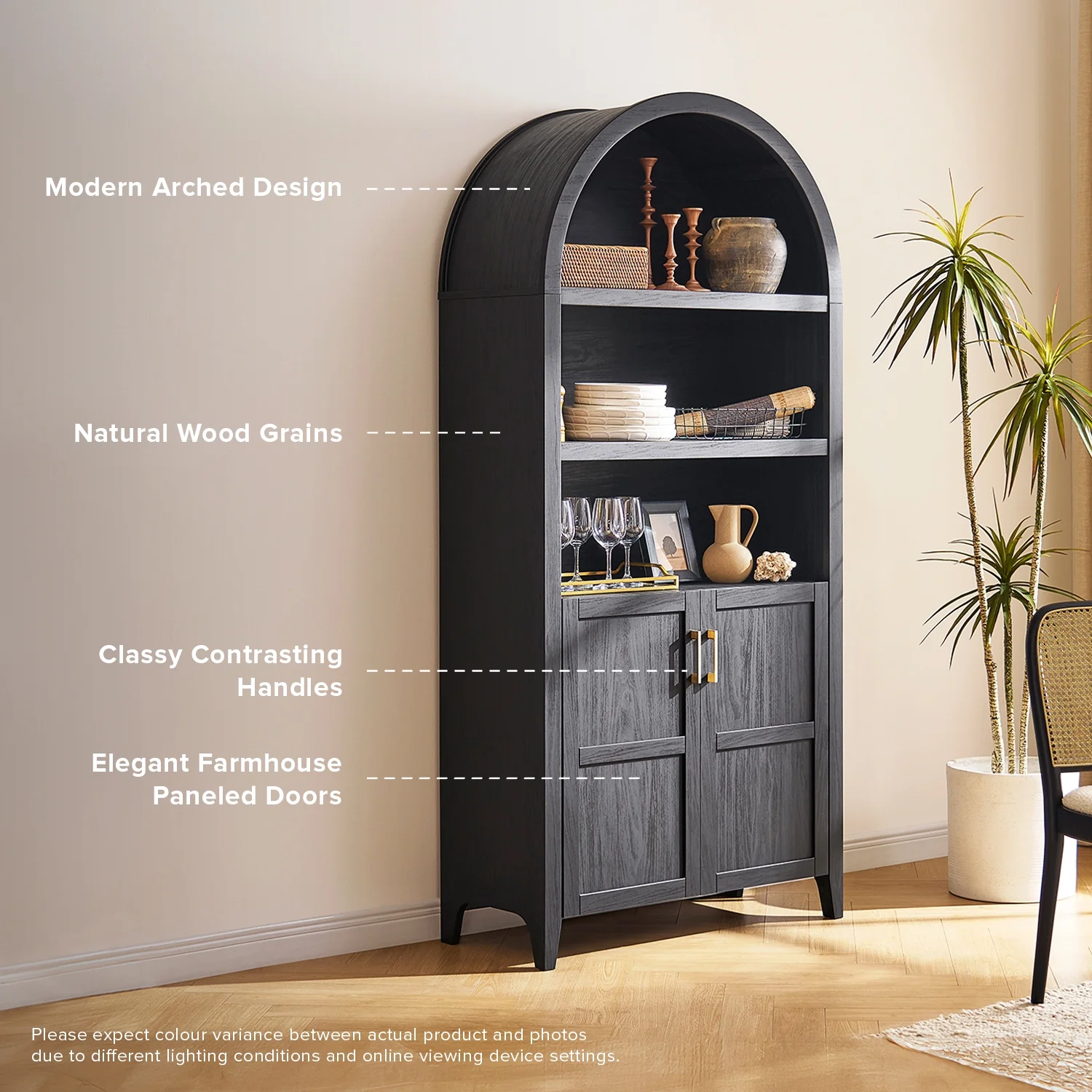 mopio Lauren 65.4" Arched Cabinet, 5-Tier Arched Bookcase with Doors and Shelves, Arched Bookshelf with Storage, Kitchen Pantry Cabinet, Wooden Storage Cabinet for Living Room, Kitchen (Oak) - Image 22
