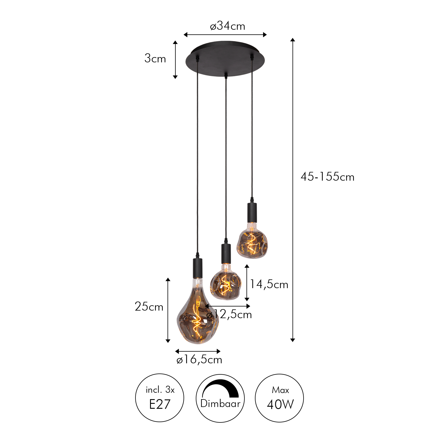 Atmooz Sapa 3 Hanglamp – Ø34 cm – Zwart – Incl. Neo & Evo – E27