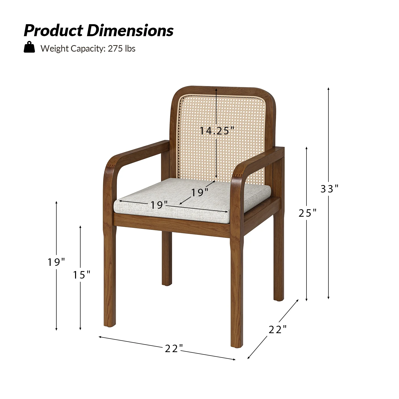 Rattan Dining Chairs Set of 2 Wooden Armchairs Removable Cushion Home Kitchen Restaurant Acorn - Image 9