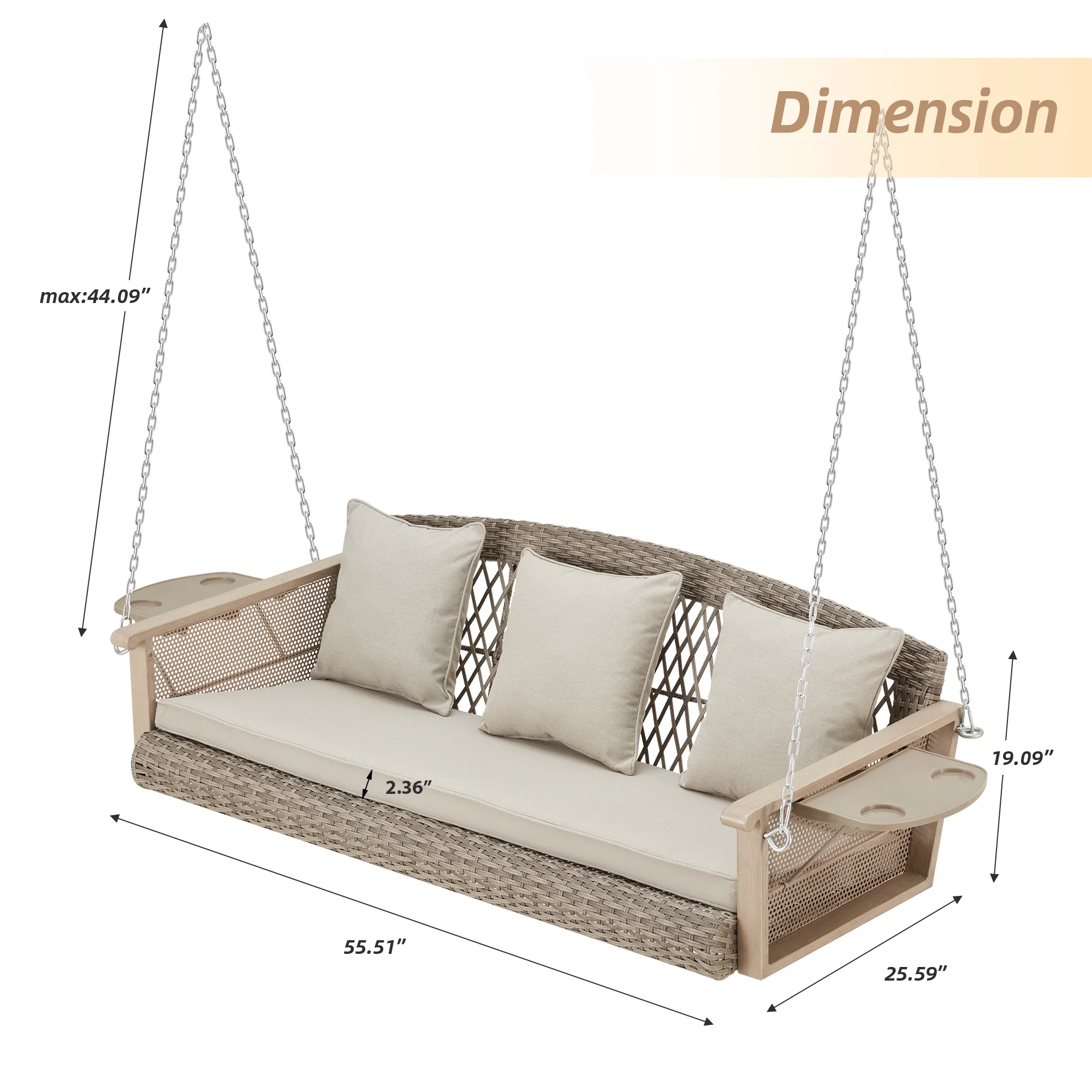 Homrest 3-Person Porch Swing 55in Wicker Hanging Swing Bench with Cushions and Cupholders for Deck, Garden and Backyard, Beige - Image 16