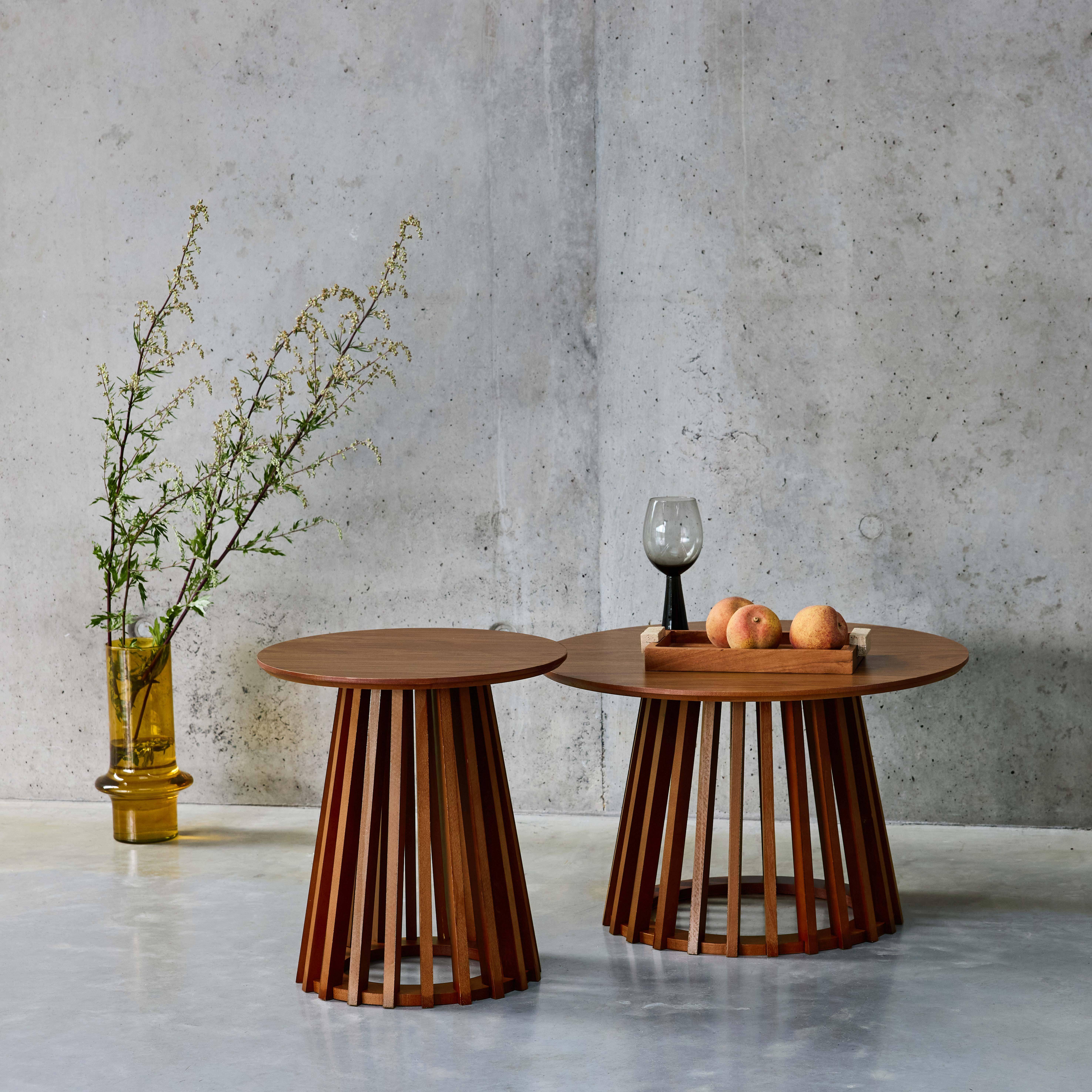 Clara - Mesa de centro redondas de efecto madera y abeto, set de 2