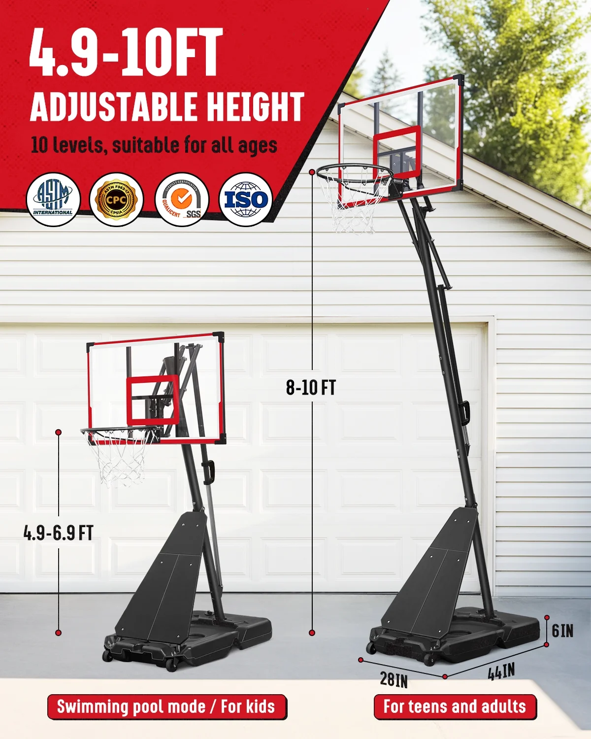 Seray Basketball Hoop with 4.8-10 feet Height Adjustable for Kids/Adults, Portable Basketball Goal with 44 inch Backboard and 2 Wheels for Outdoor/Indoor Sports - Image 11