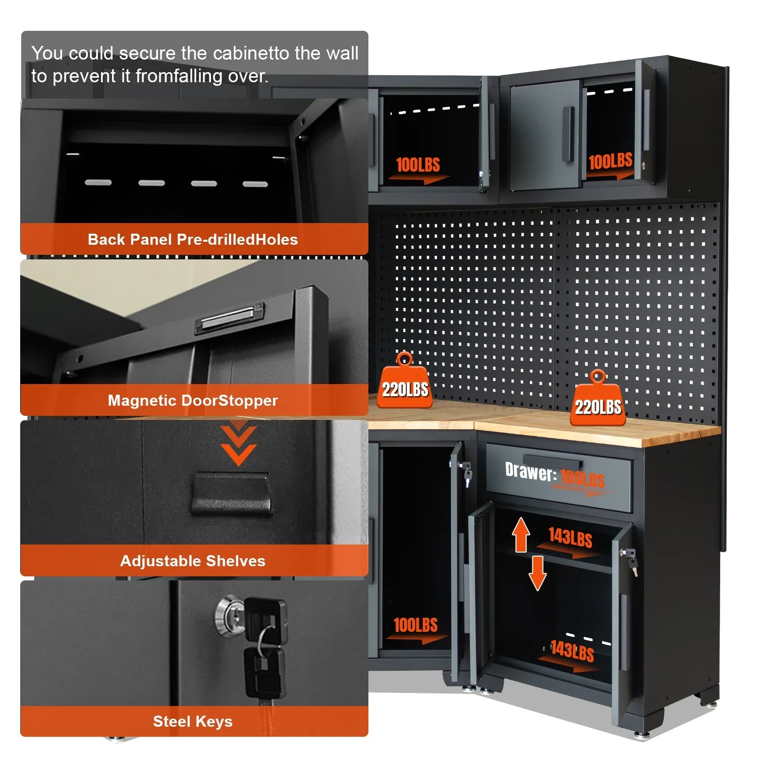 HPDMC 7-Piece Metal Garage Cabinet System With 4-Drawer Roller Cabinet, 47.2 in Workbench And Pegboards - Image 16 HPDMC 7-Piece Metal Garage Cabinet System With 4-Drawer Roller Cabinet, 47.2 in Workbench And Pegboards - Image 16