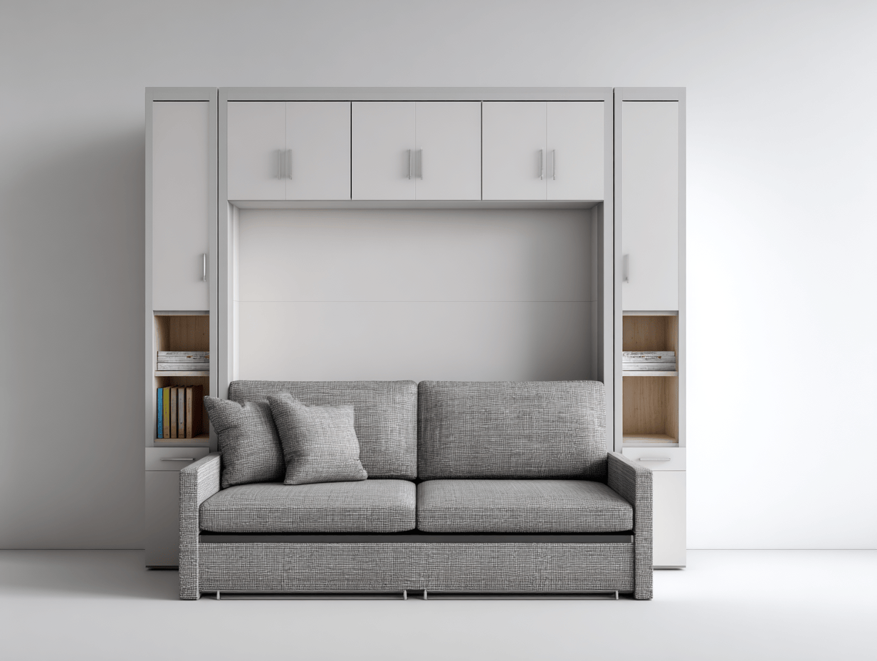 Sofá cama abatible tapizado en tela gris – 160×200 cm – con armarios y estantes integrados