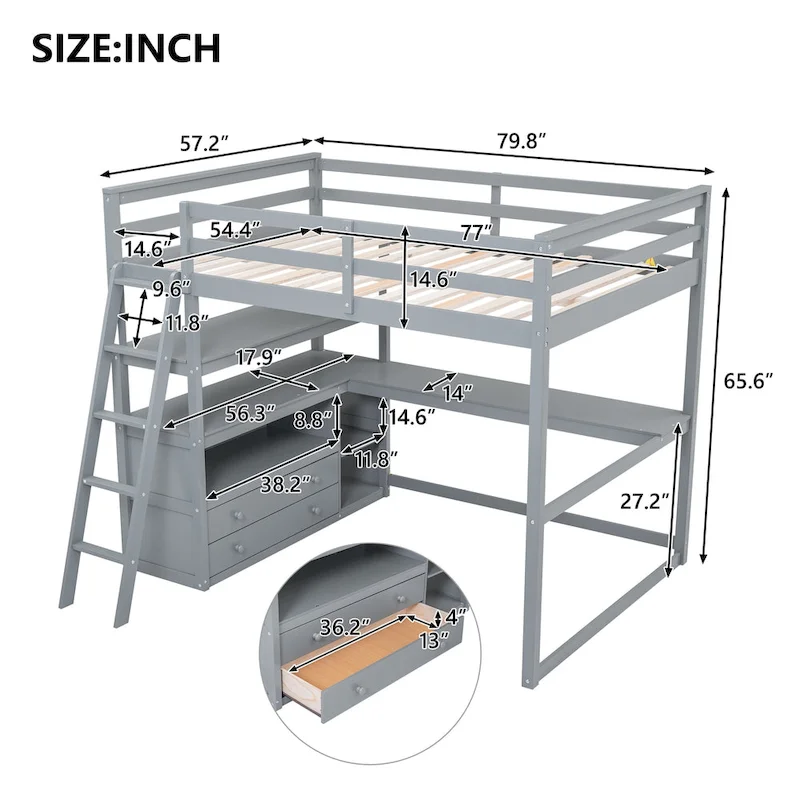 Gray Full-Size Loft Bed with Desk, Shelves, and Two Built-In Drawers
