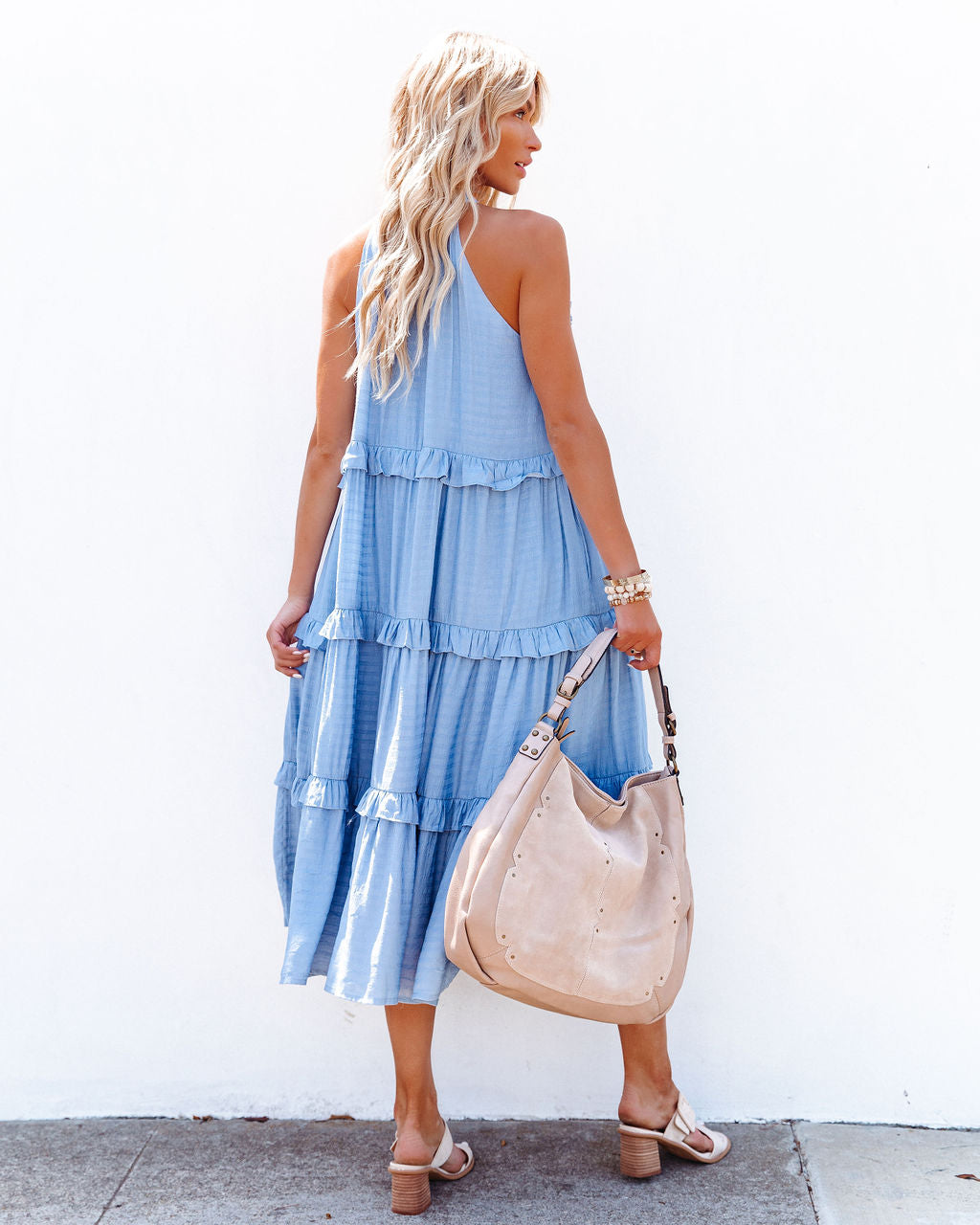 Ballard Cotton Blend Pocketed Tiered Midi Dress - Chambray Blue - FINAL SALE - Se7enfashion