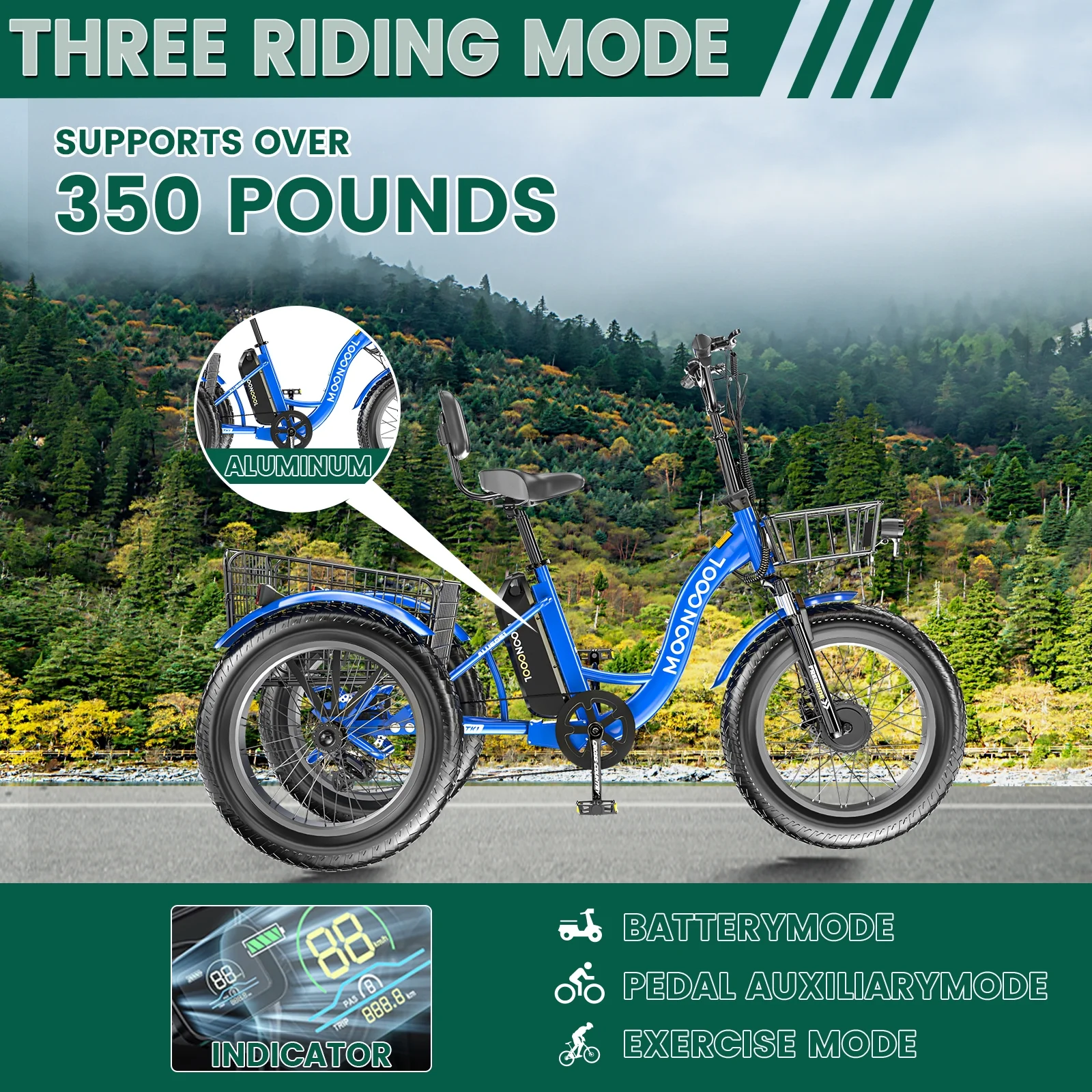 20" x 4" Fat Tire Electric Tricycle for Adult, 7 Speeds Electric Trike 48V 500W Motorized Tricycle , Electric Three Wheels Bicycle for Senior, Aluminum Frame & Rear Basket ,16mph - Image 10