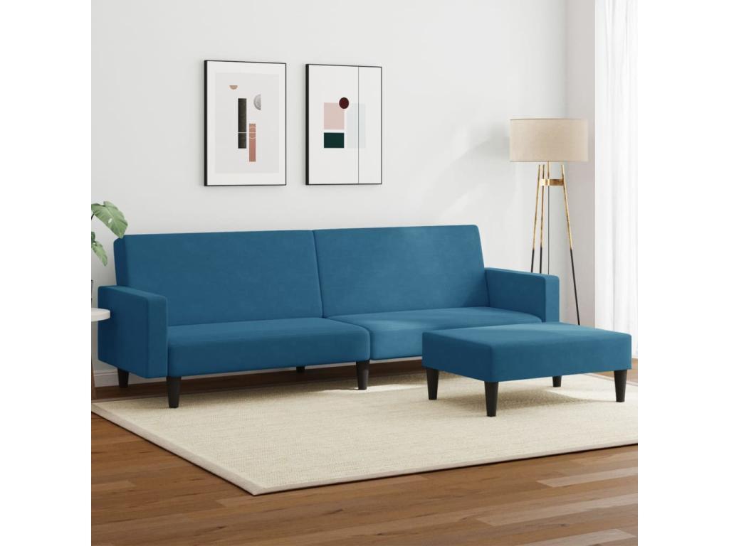 Sofá cama de 2 plazas con taburete terciopelo azul