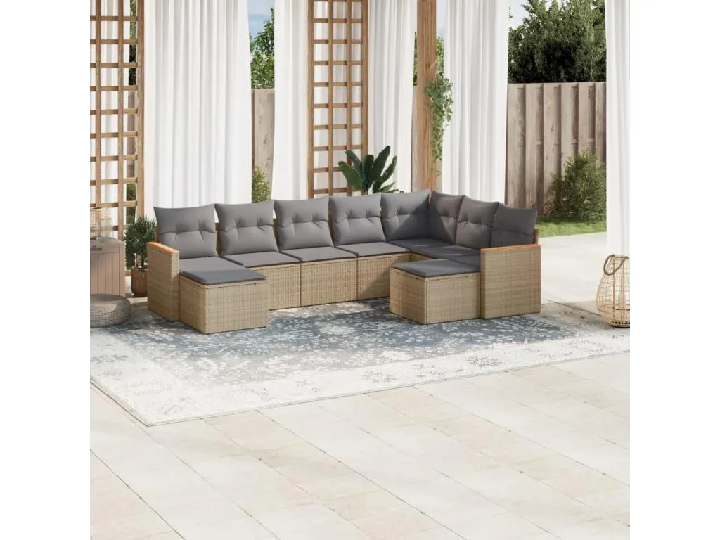 Set de sofás de jardín 9 pzas con cojines ratán sintético beige cstw26721