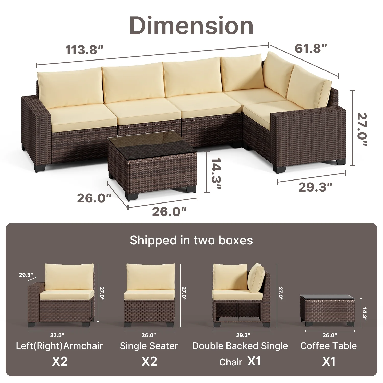 Aiho 7-Piece Rattan Patio Furniture Set , Outdoor Sectional Furniture Set for Patio, Garden, Backyard, Grey - Image 46