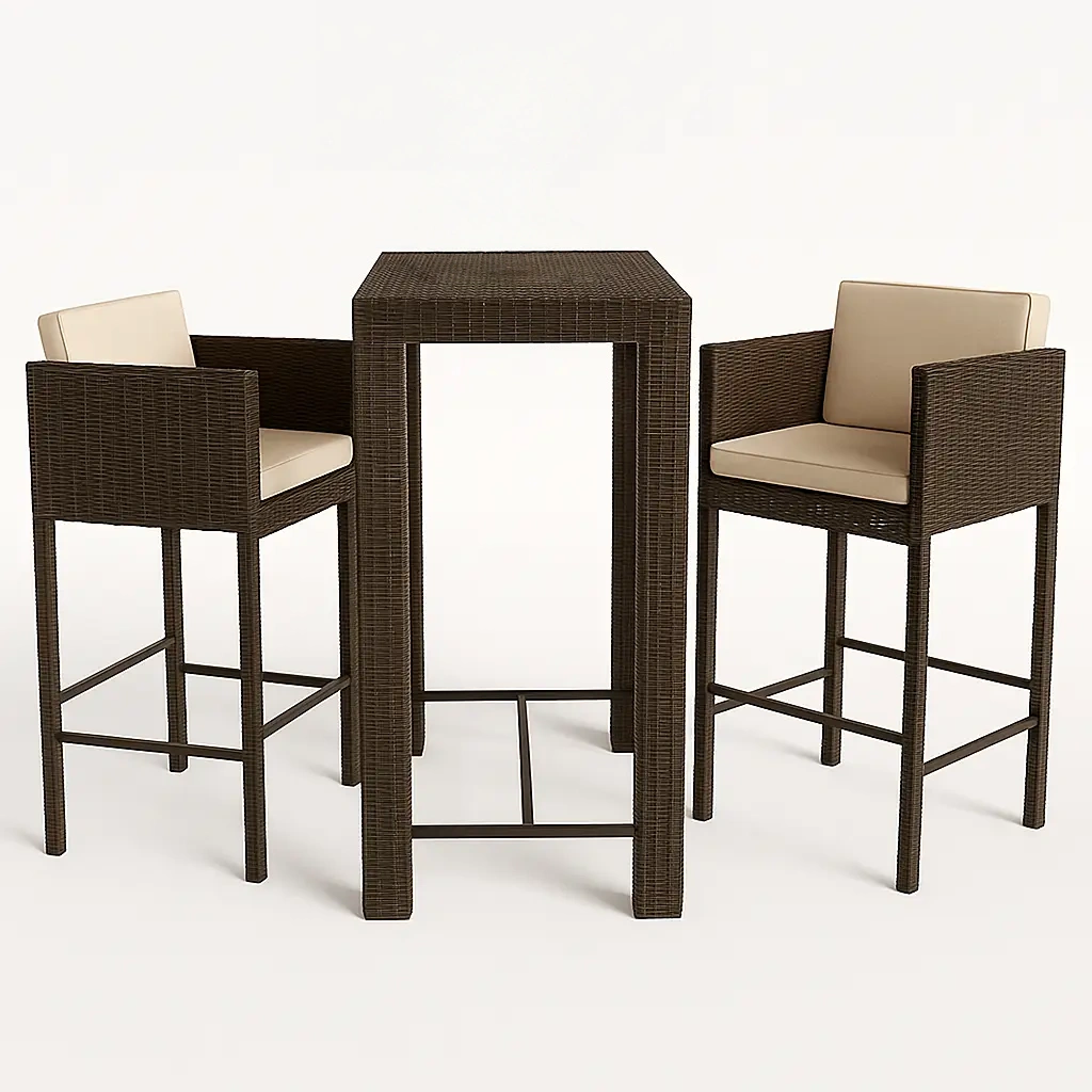 Bar de jardín, 1 mesa alta de comedor con 2 asientos y cojines, marrón