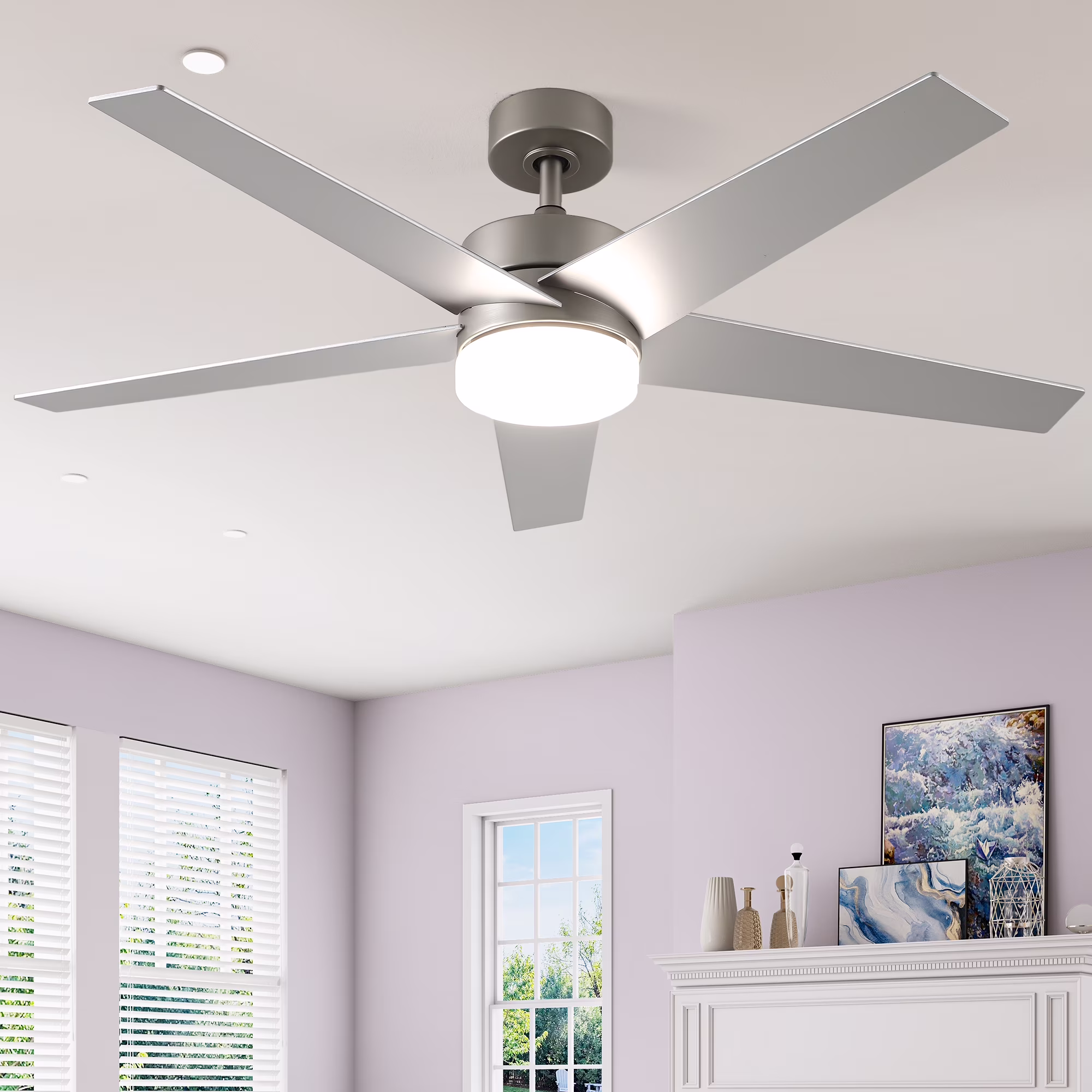 Uforic 52" Modern Ceiling Fan with Lights and Remote Control, 5 - Blade Ceiling Fan with Dimmable Tri - Color Light, Quiet and Reversible 6 - Speed DC Motor, Perfect for Bedroom, Living Room - Silver