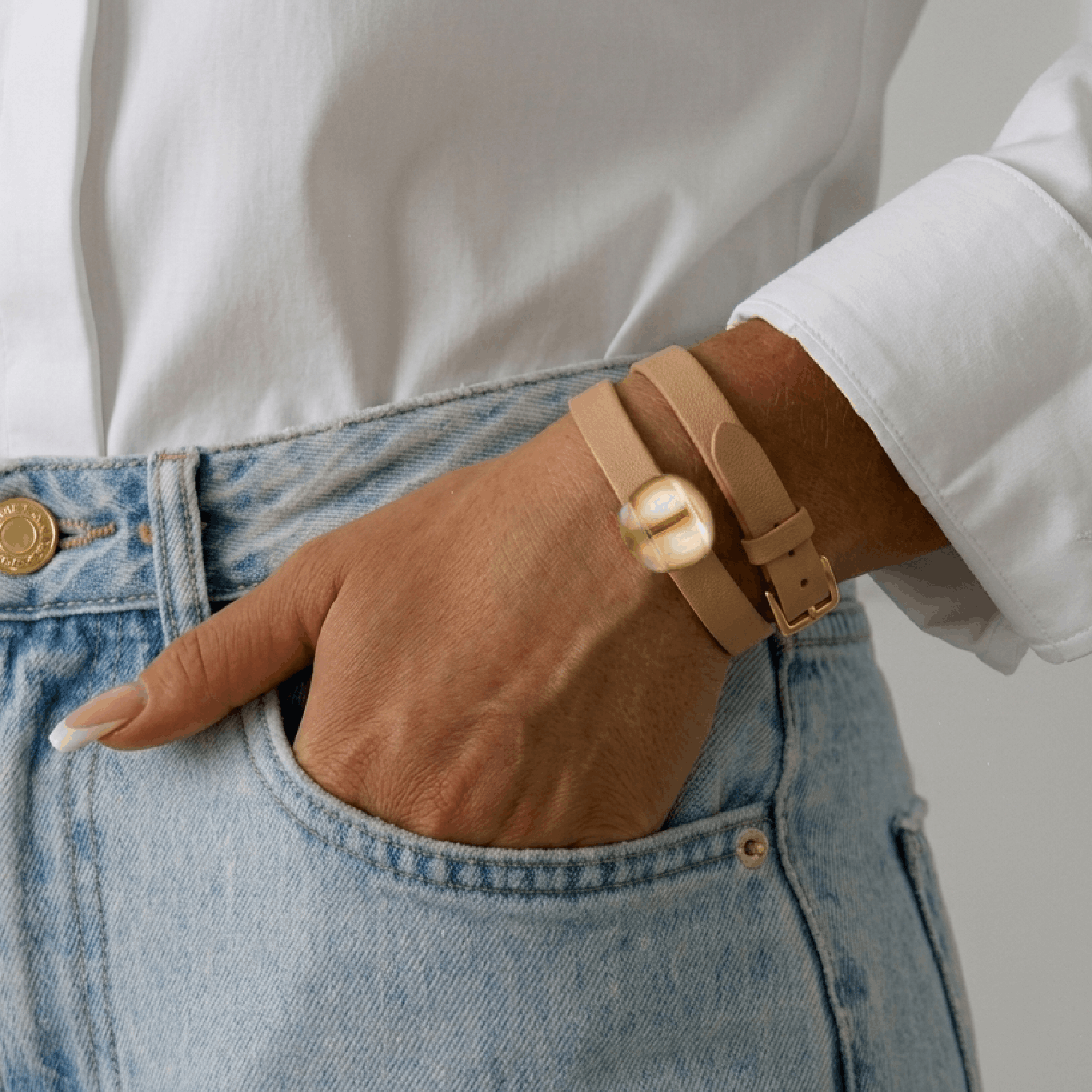 BRACELET CUIR CABOCHON - CRISTAL LUSTRÉ OR, PLAQUÉ OR JAUNE 18 CARATS