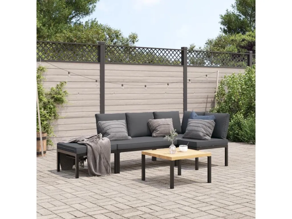 Set de sofás de jardín con cojines 4 piezas aluminio negro