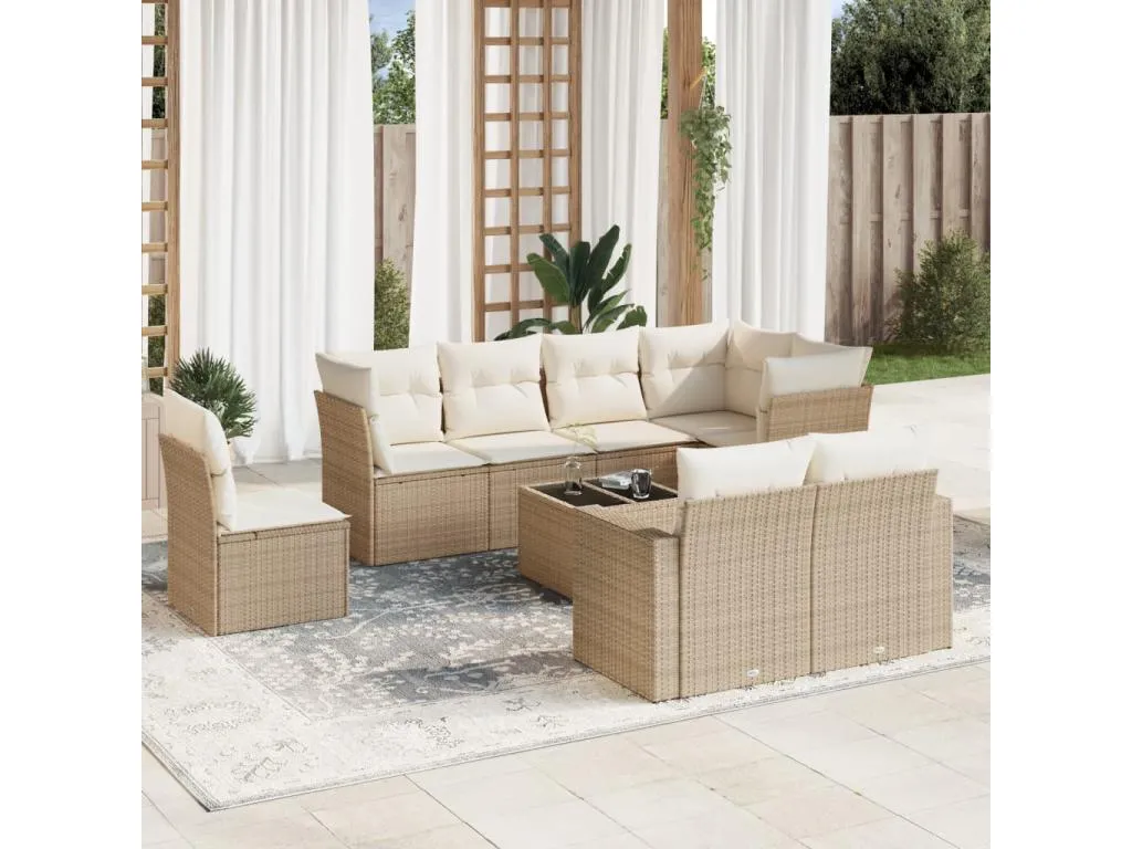 Set de sofás de jardín 9 pzas con cojines ratán sintético beige smqz25806