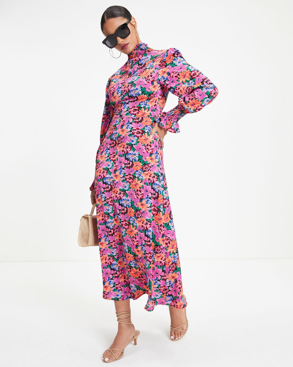 Shayla Floral Mock Neck Midi Dress - Se7enfashion
