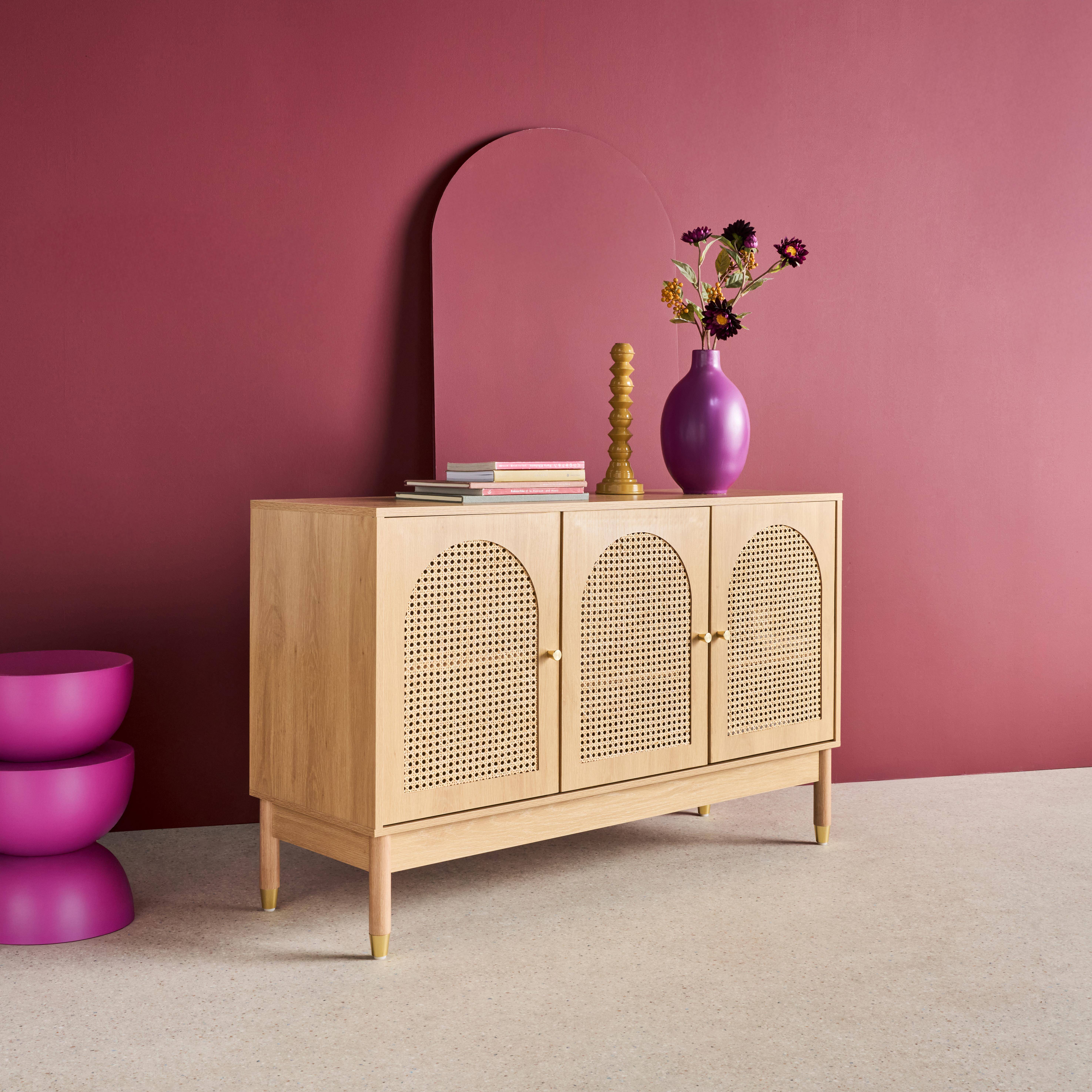 Judith - Aparador con decoración madera y mimbre 3 puertas, 120cm