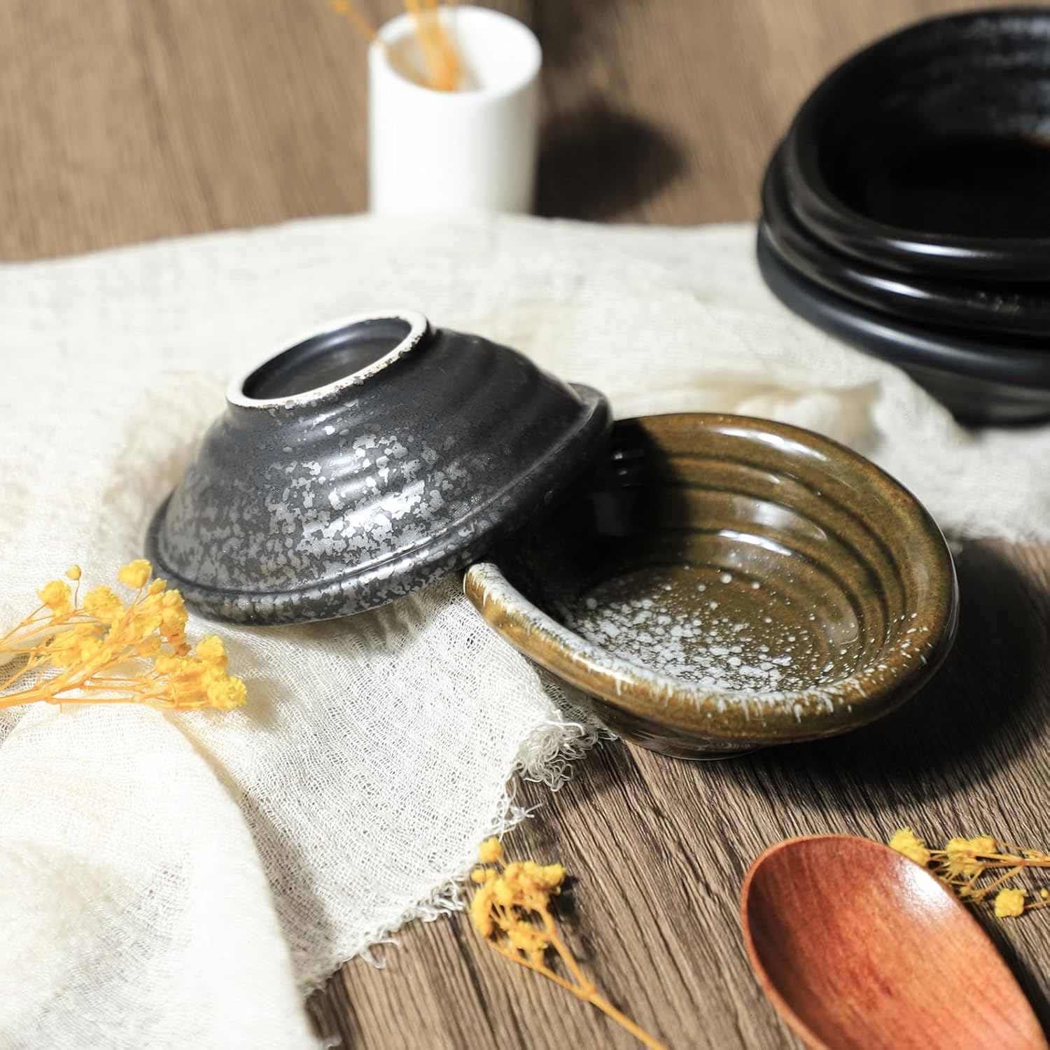 Set of 5 Japanese Vintage Style Ceramic Side Dishes - Retro Black Seasoning Dishes - 3.5 Inch
