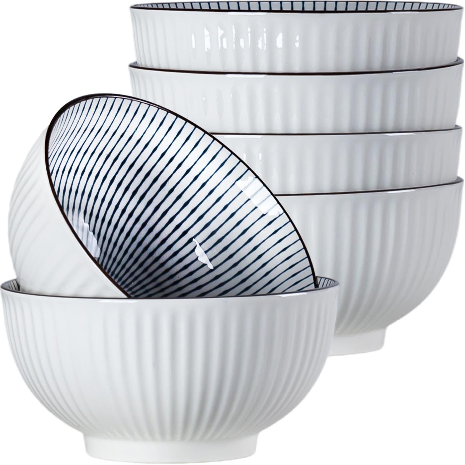 Houlu ceramic rice bowl 30 oz, Japanese bowl set, various tableware for grains, soups, desserts, snacks, fruits, Pack of 6