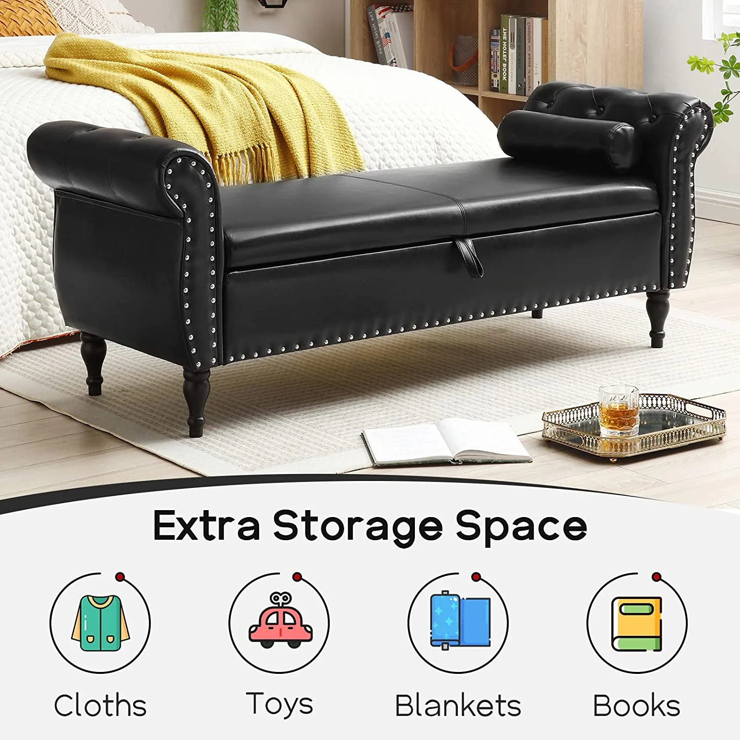 Sumdeal 43.5" Storage Ottoman Bench with 250lb Seating, Linen Upholstered Wood Legs Safety Hinge Flip Top Oval Foot Rest Long Stool for Sofa Couch Bedroom End of Bed Living Room Entryway, White - Image 85