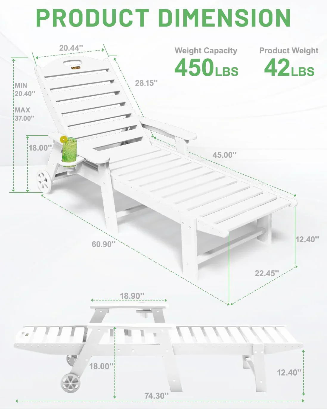 Lounge Chair Outdoor, Chaise Lounge, HDPE 6-Position Outdoor Chaise Lounge, Patio Lounge Chair with Wheels & Cup Holder for Pool Poolside Deck Backyard, Teak