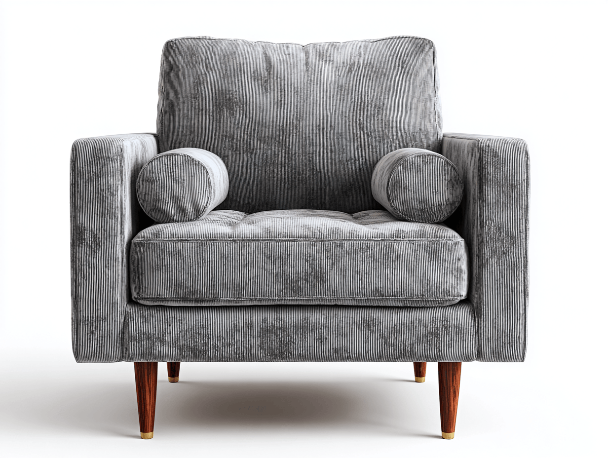 Sillón individual con dos cojines cilíndricos tapizado en pana gris claro 90×85×90 cm – patas de madera con detalle metálico – diseño contemporáneo