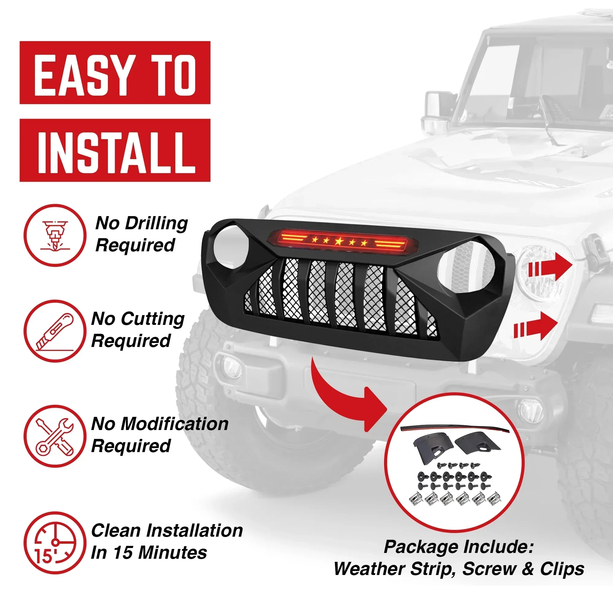 AMERICAN MODIFIED Demon Grille With Red Lights For 18-21 Wrangler/Gladiator - Image 4 AMERICAN MODIFIED Demon Grille With Red Lights For 18-21 Wrangler/Gladiator - Image 4