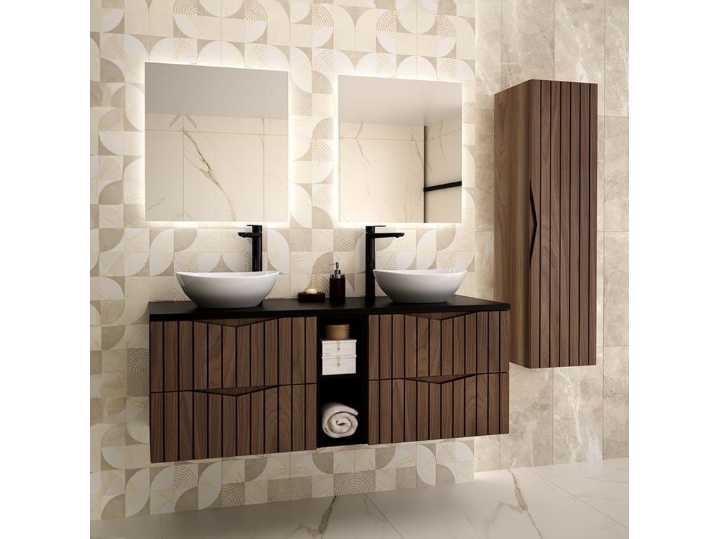 Conjunto de muebles con doble lavabo 140cm 2 compartimientos y columna Siena madera y negro