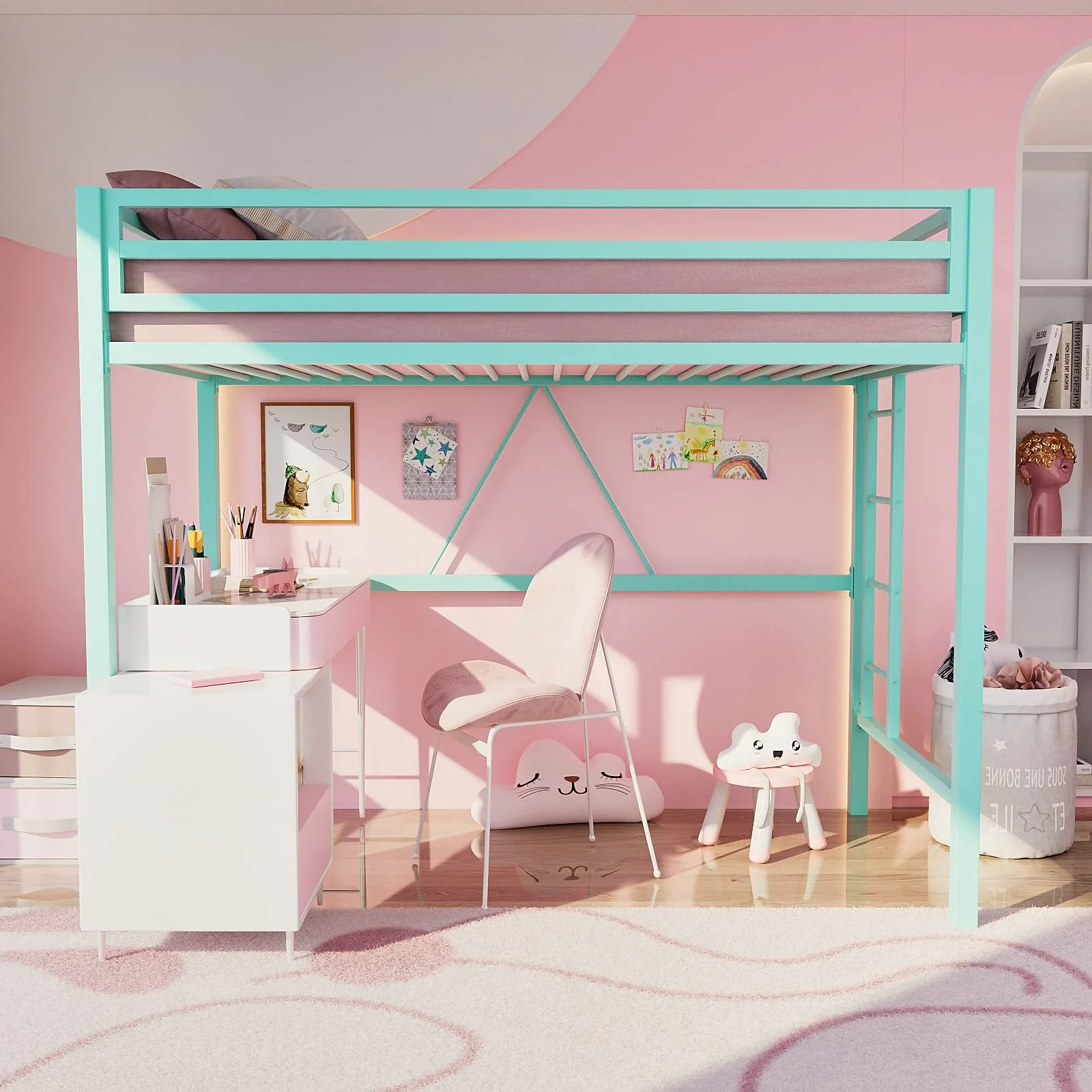 Einfach Metal Twin Size Loft Bed with Removable Ladder & Full-Length Guardrail, White - Image 21
