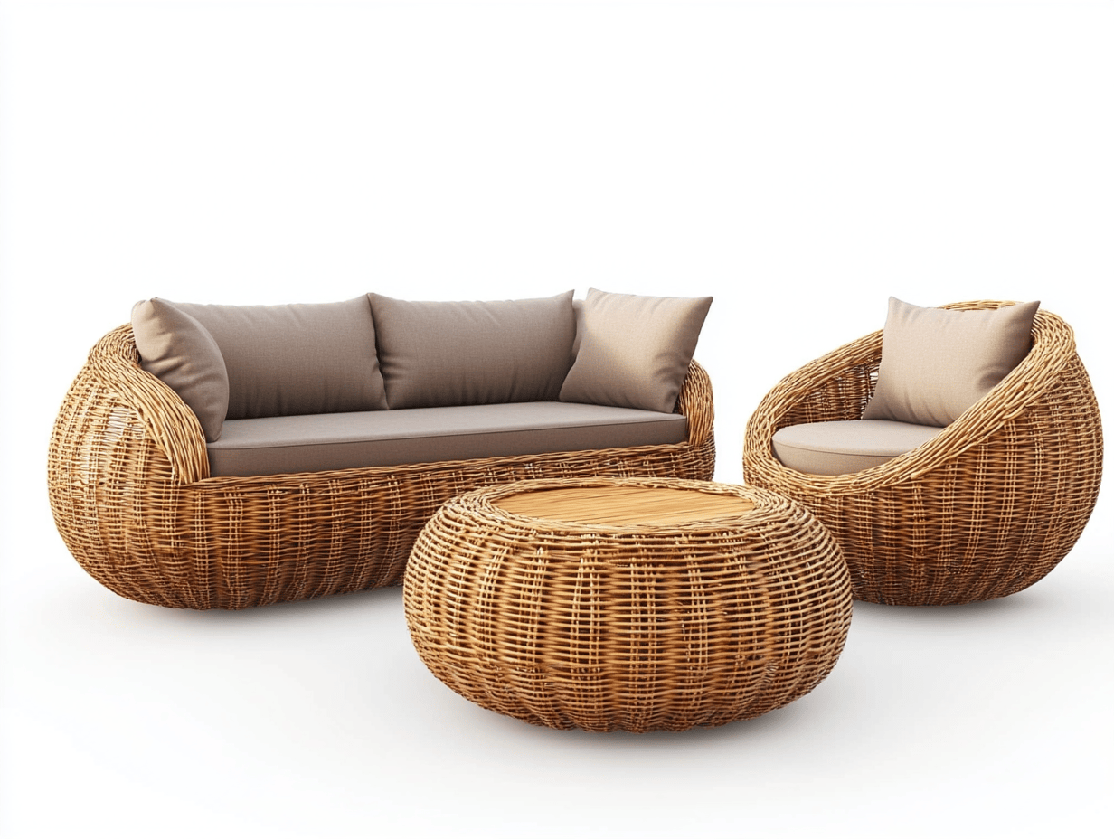 Conjunto de muebles de jardín de ratán redondeado – sofá y sillón con mesa – natural/marrón – diseño orgánico moderno