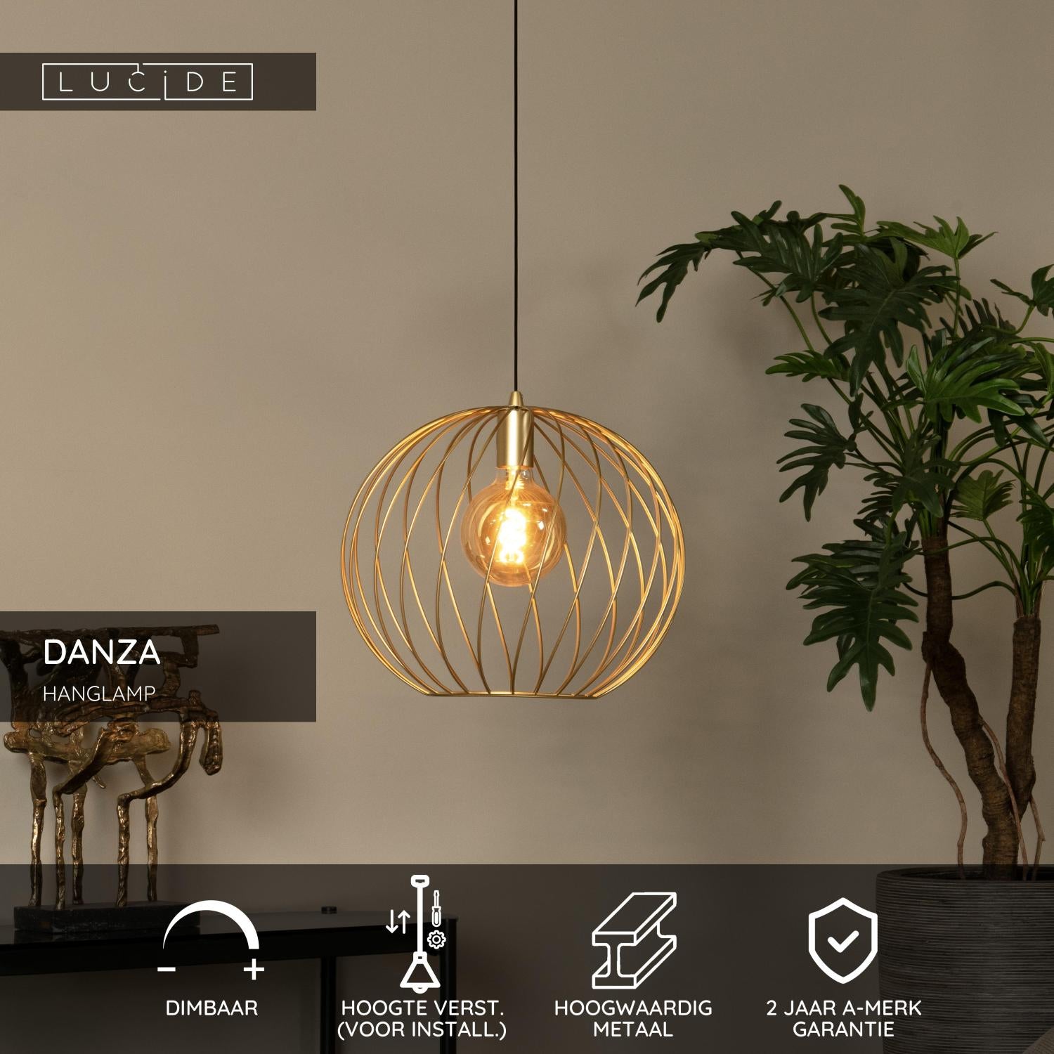 Lucide DANZA Hanglamp - Mat Goud   Messing