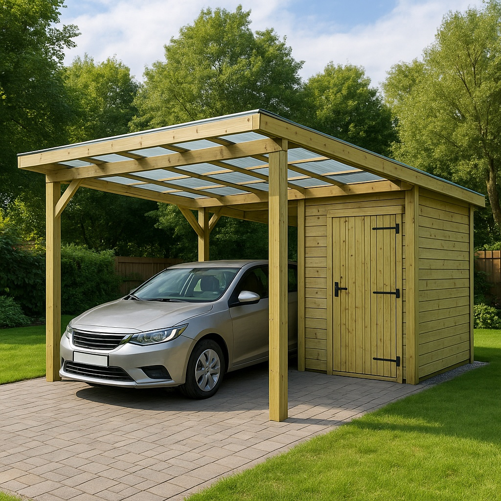 Cochera Pérgola con caseta Marrón madera pino exterior jardín 649 x 322 x 269 cm