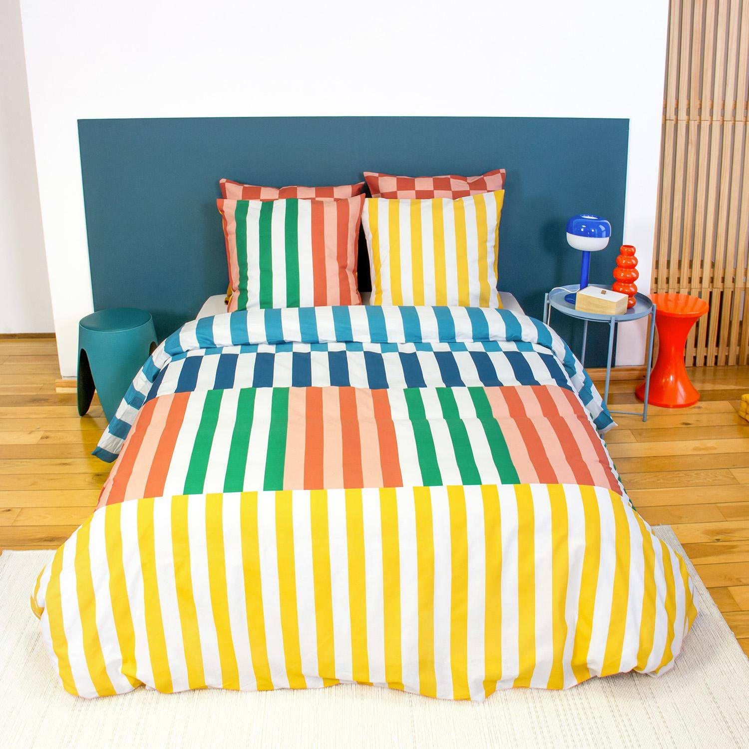 Aura - Juego de cama de algodón con estampado de rayas multicolor, 2 plazas