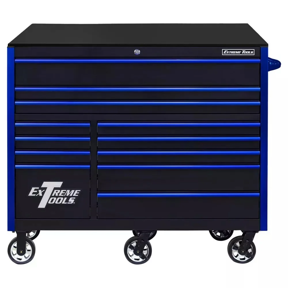 WAYFAIR EXTREME TOOLS RX SERIES 55 12-DRAWER ROLLER - BLACK W/BLUE DRAWER PULLS