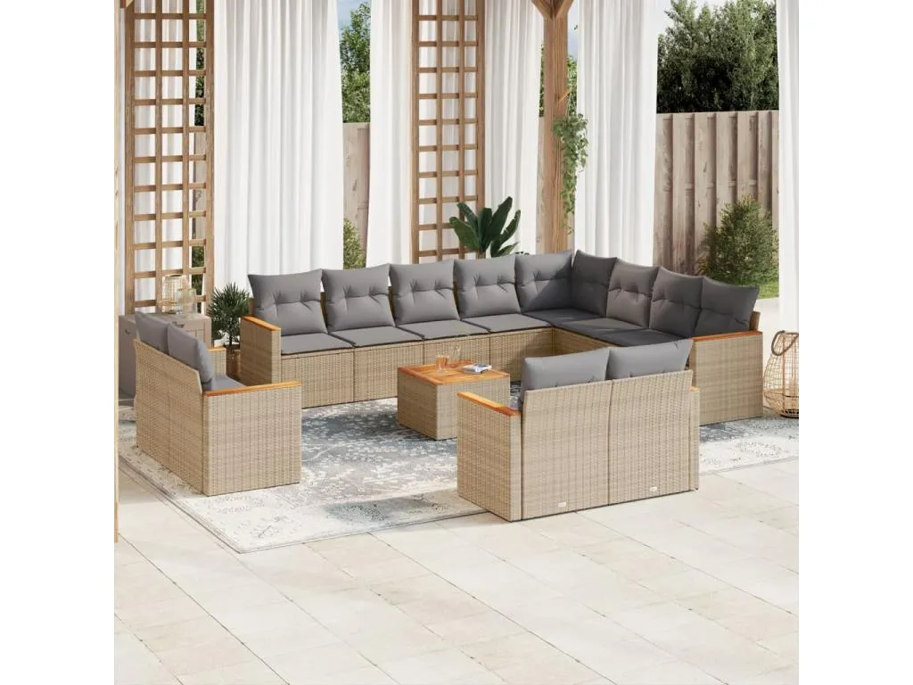 Homepleno Juego de sofás jardín con cojines beige mezcla 13 pzas ratán PE 65634wsxi