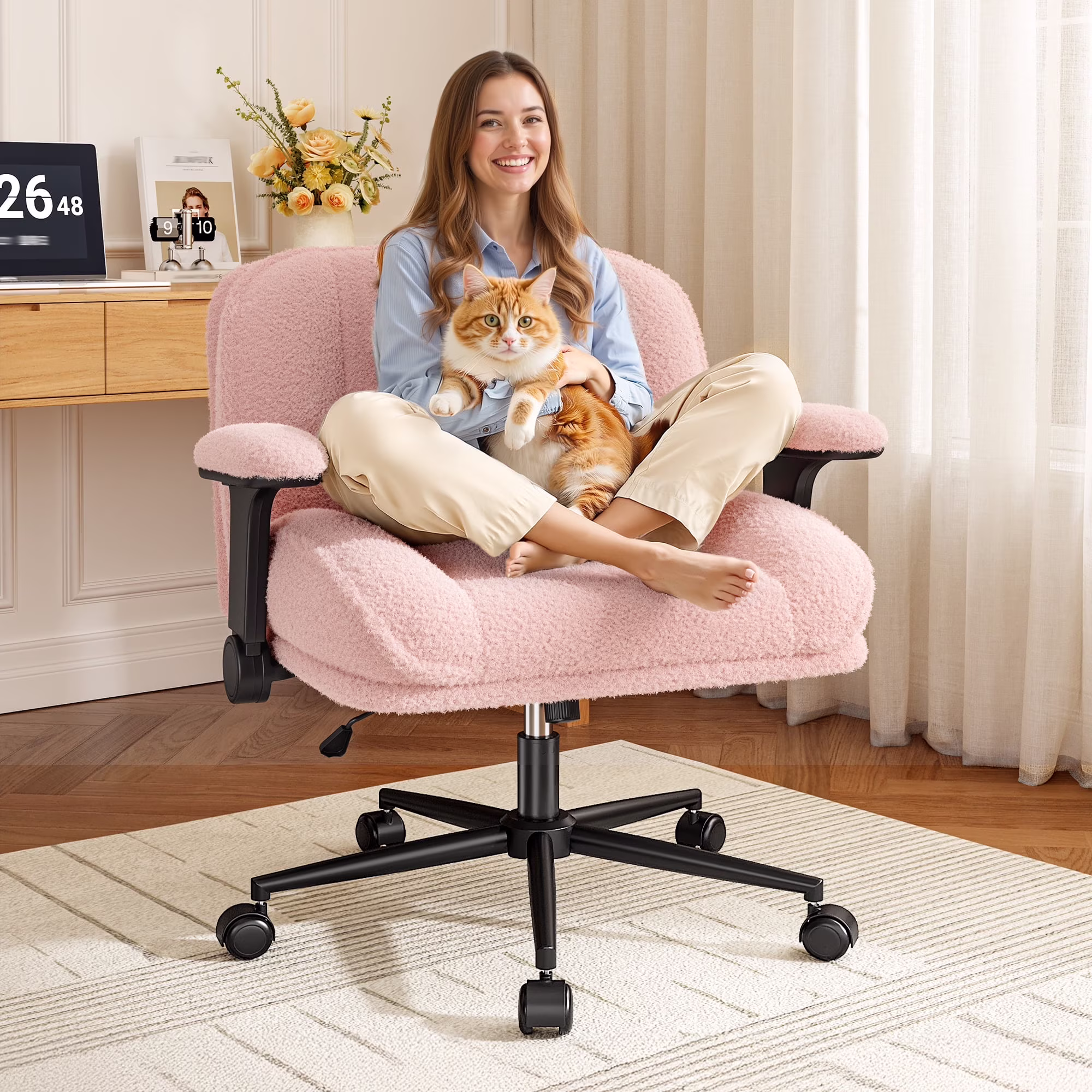 Romorgniz Criss Cross Chair with Adjustable Arms & Lumbar Support Office Chair with Reclining Back, Thick Cushion & Wheels for Office, Gaming, Reading, Vanity, Off-White - Image 7