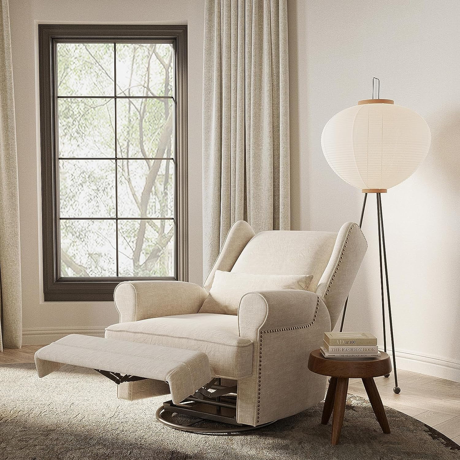 Royalcraft Swivel Nursery Glider Recliner, Comfy Upholstered Glider Chair with Lumbar Pillow and Footrest, Beige - Image 12