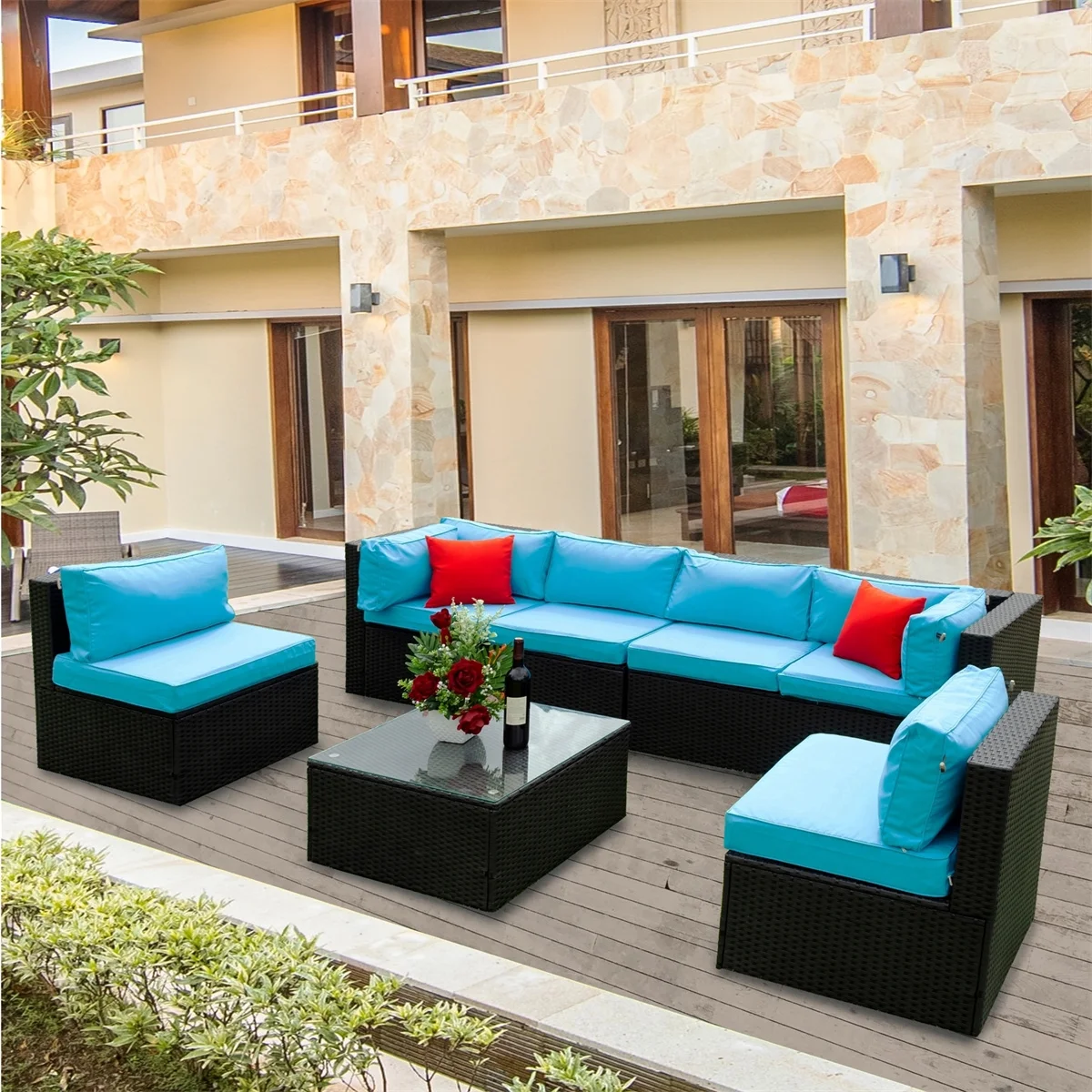 7 Piece Patio Furniture Sets Outdoor Sectional PE Rattan Outdoor Furniture Patio Conversation Set with Cushions and Glass Coffee Table, for Balcony Lawn and Garden, Gray - Image 27