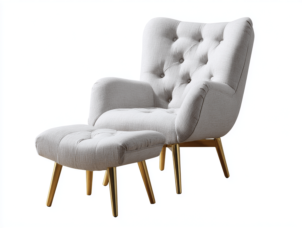 Sillón tapizado en tela gris claro con reposapiés incluido 78×85×100 cm – patas doradas de metal