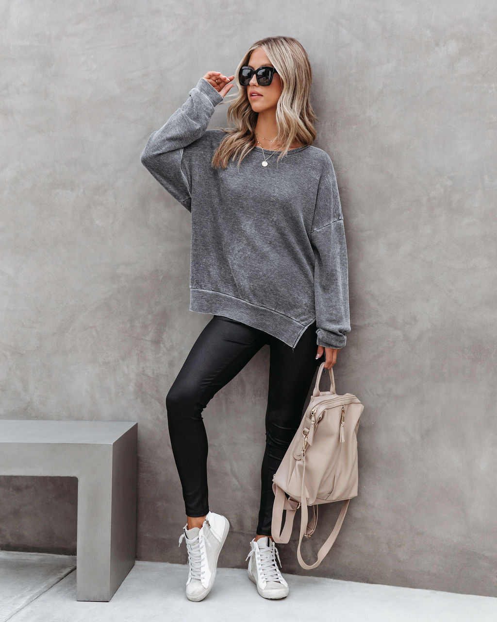 Tahoe Bound Waffle Knit Long Sleeve Top - Charcoal - Se7enfashion