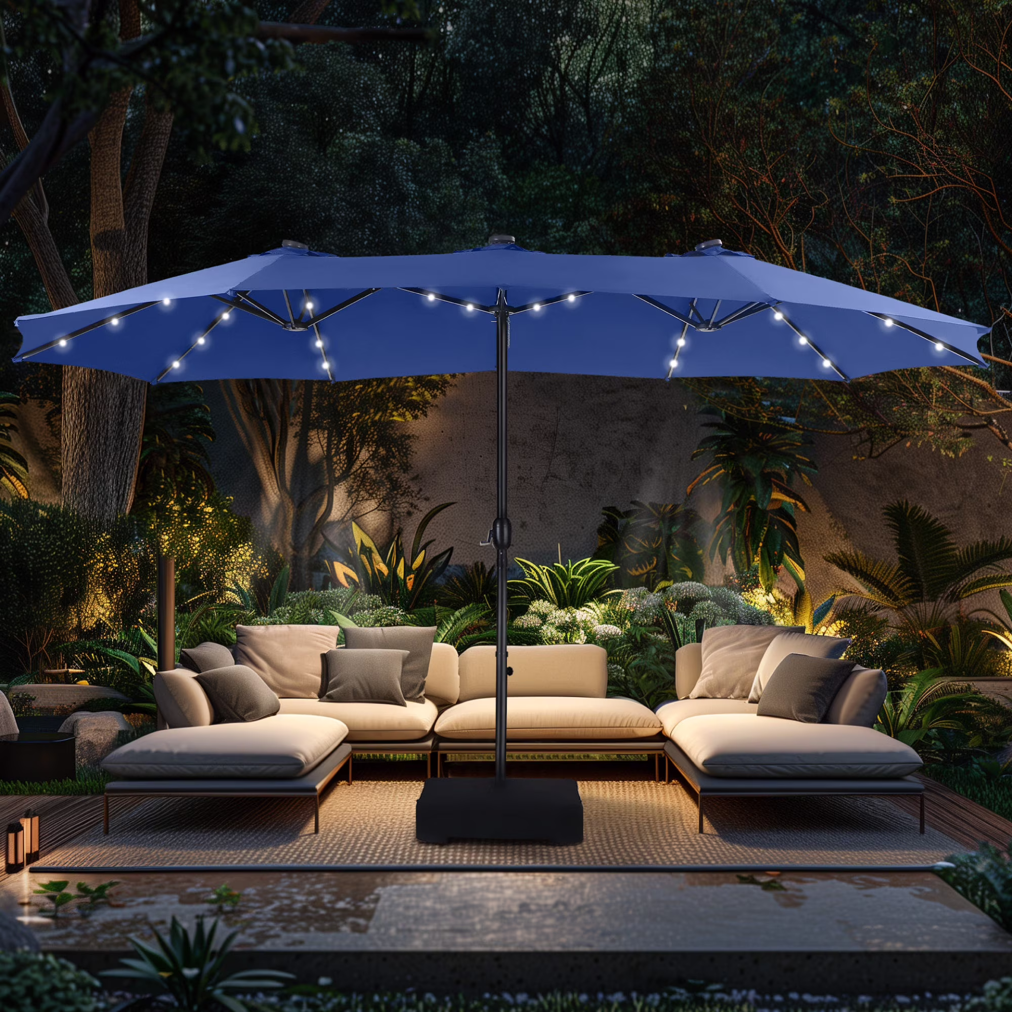 Alpha Joy 15ft Extra Large Outdoor Patio Double-Sided Umbrella with LED Solar Lights & Umbrella Base, Beige - Image 7