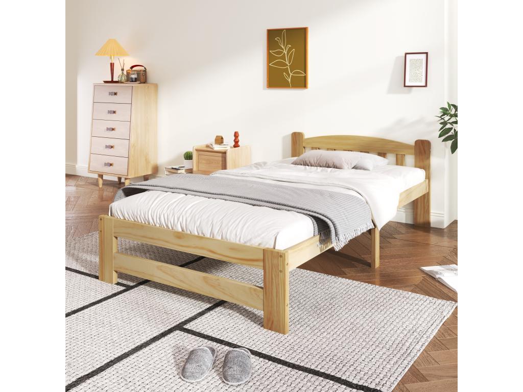 Cama de adulto individual de madera maciza con cabecero y somier de láminas, 90x200 cm