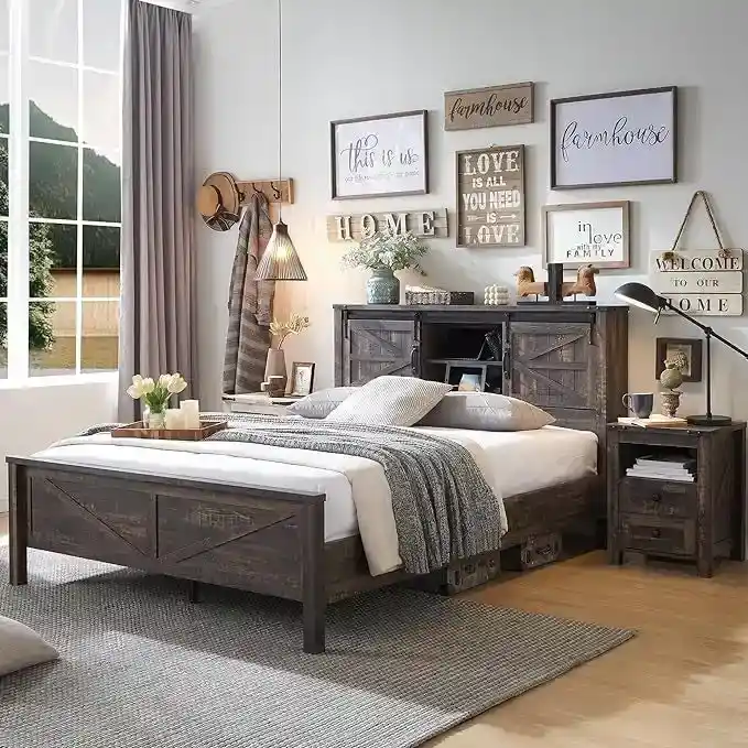 Farmhouse Platform Bed with Storage Headboard Sliding Doors and Charging Station