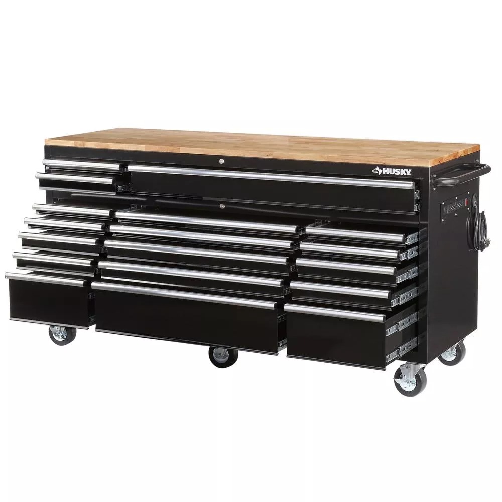 72 IN. W 18-DRAWER, DEEP TOOL CHEST MOBILE WORKBENCH IN GLOSS BLACK WITH HARDWOOD TOP