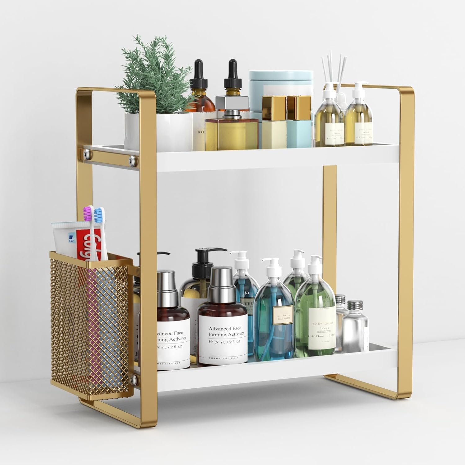 LEMIKKLE Bathroom Counter Organizer with Drawer and Basket,Wood Countertop Organizer for Bathroom Decor Makeup Tray for Perfume Skincare Bedroom Kitchen Corner