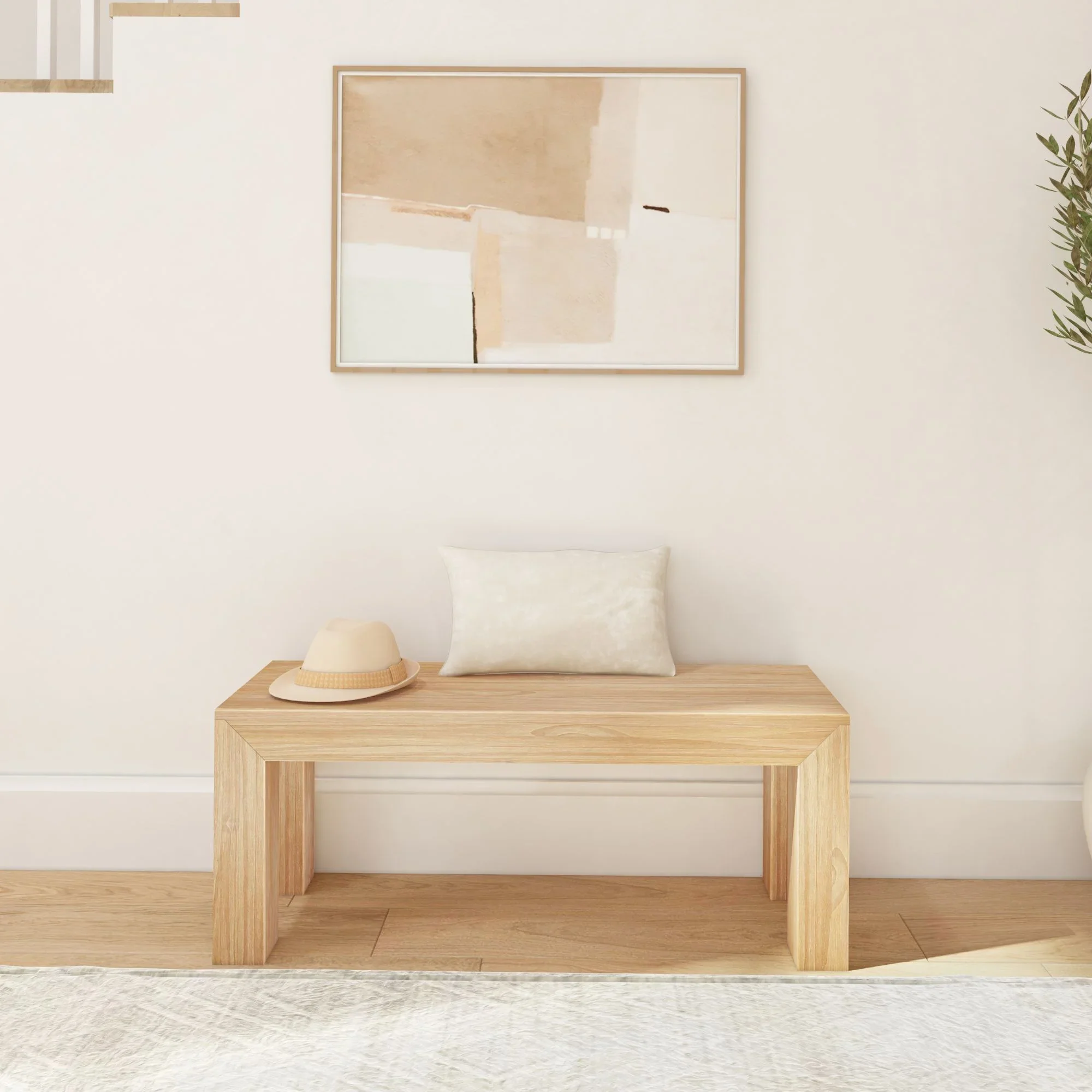 Plank+Beam Modern Dining Bench, Solid Wood Bench for Dining Table, 49", Blonde Wirebrush