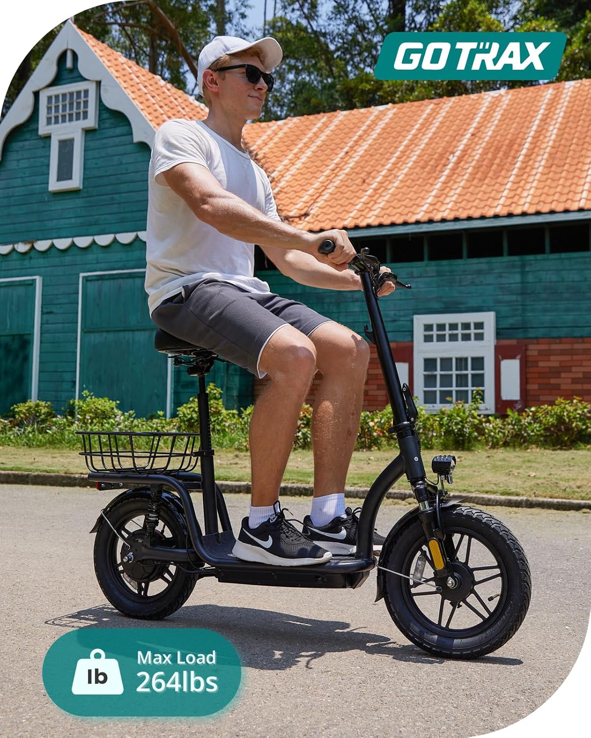 Gotrax adult electric scooter with seat maximum range of 19-25 miles all-terrain tires wide pedals